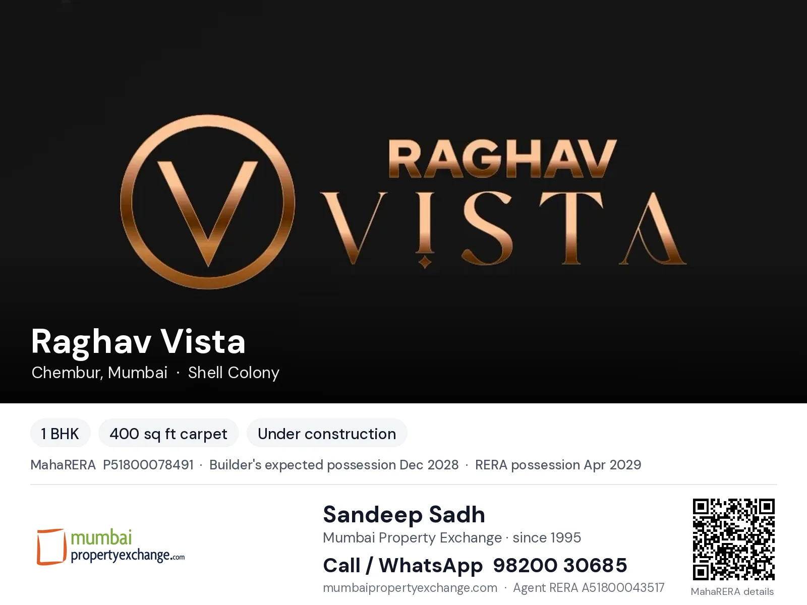 Raghav Vista, Chembur, Mumbai — 1 BHK new project, builder's expected possession Dec 2028, RERA possession Apr 2029 | Mumbai Property Exchange, Sandeep Sadh 98200 30685