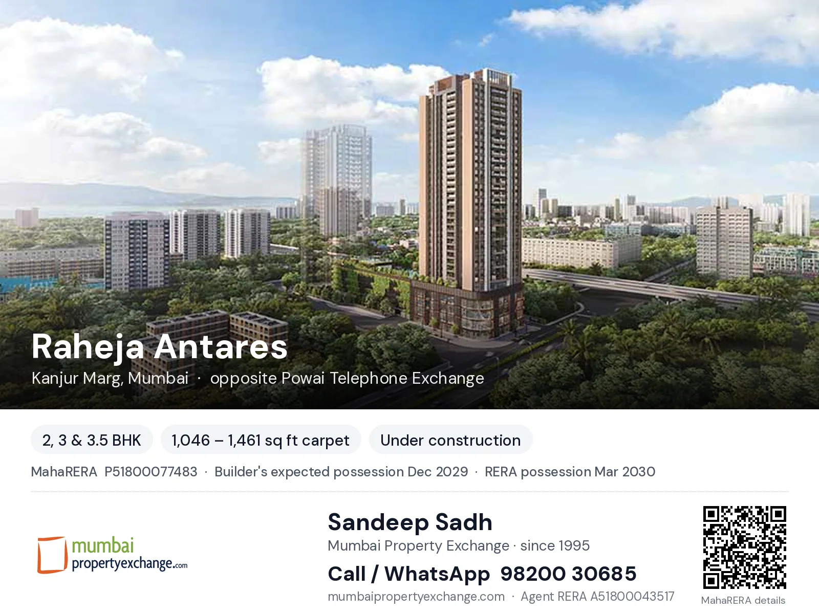 Raheja Antares, Kanjur Marg, Mumbai — 2, 3 & 3.5 BHK new project, builder's expected possession Dec 2029, RERA possession Mar 2030 | Mumbai Property Exchange, Sandeep Sadh 98200 30685