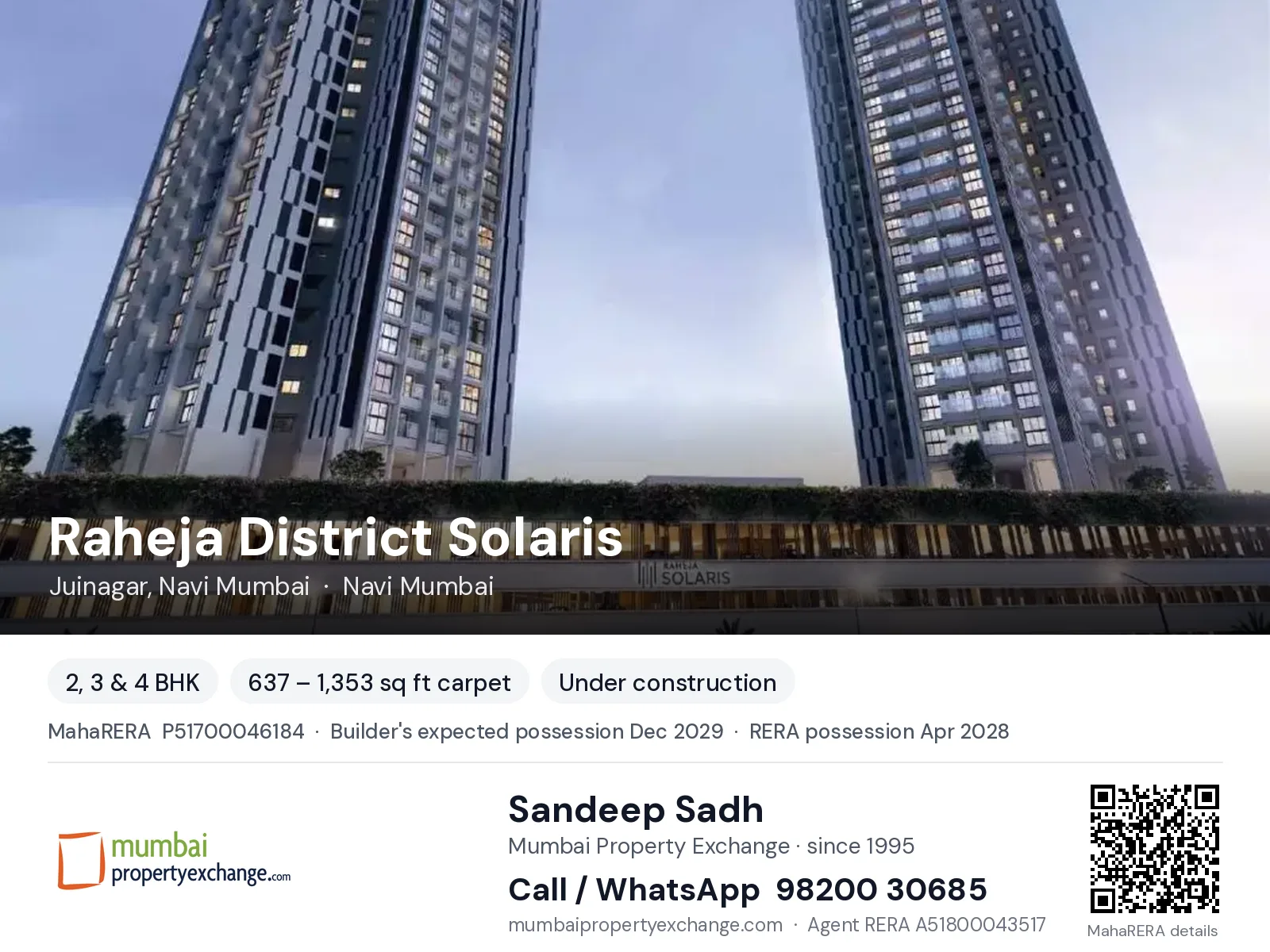 Raheja District Solaris, Juinagar, Navi Mumbai — 2, 3 & 4 BHK new project, builder's expected possession Dec 2029, RERA possession Apr 2028 | Mumbai Property Exchange, Sandeep Sadh 98200 30685