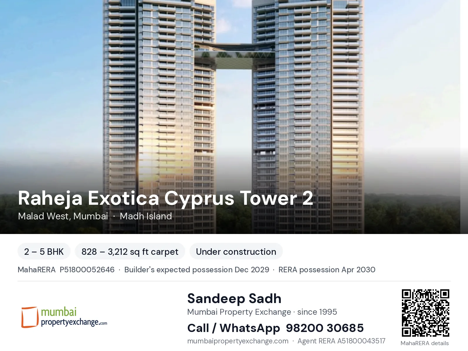Raheja Exotica Cyprus Tower 2, Malad West, Mumbai — 2 – 5 BHK new project, builder's expected possession Dec 2029, RERA possession Apr 2030 | Mumbai Property Exchange, Sandeep Sadh 98200 30685