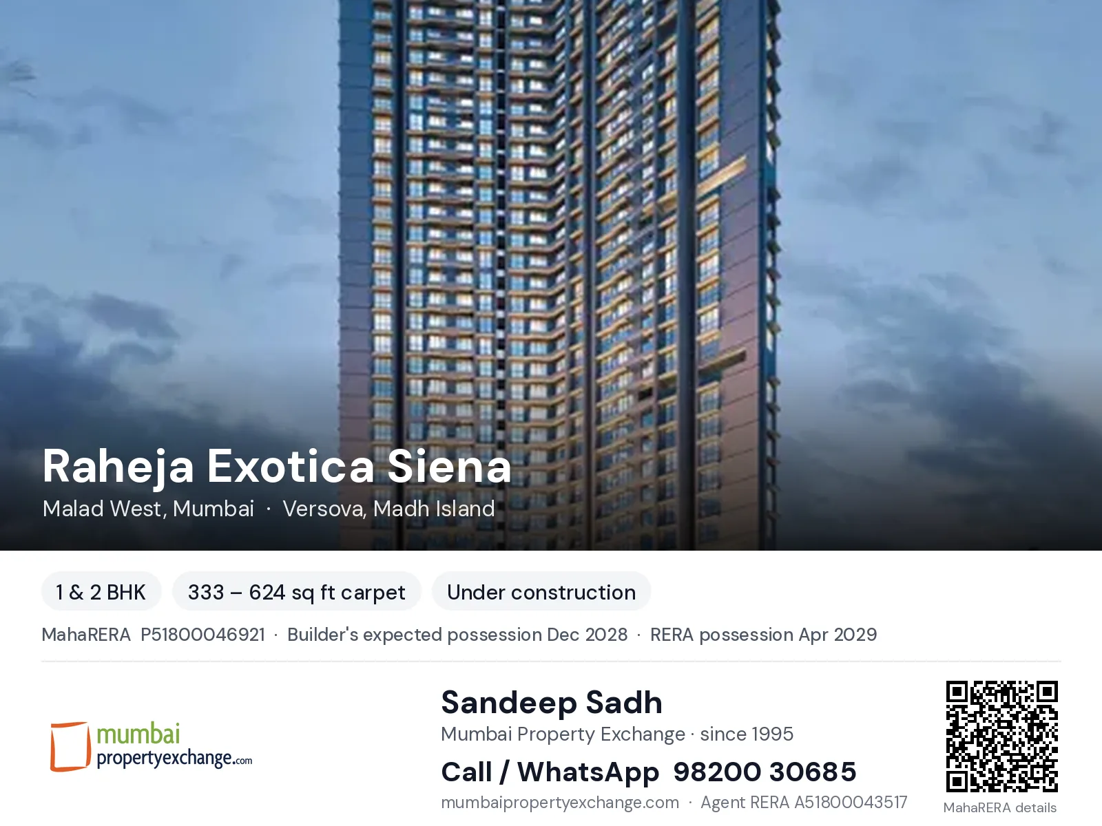 Raheja Exotica Siena, Malad West, Mumbai — 1 & 2 BHK new project, builder's expected possession Dec 2028, RERA possession Apr 2029 | Mumbai Property Exchange, Sandeep Sadh 98200 30685