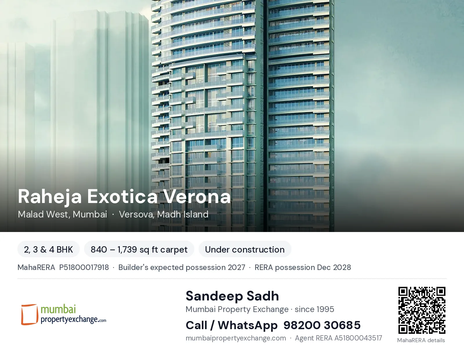 Raheja Exotica Verona, Malad West, Mumbai — 2, 3 & 4 BHK new project, builder's expected possession 2027, RERA possession Dec 2028 | Mumbai Property Exchange, Sandeep Sadh 98200 30685