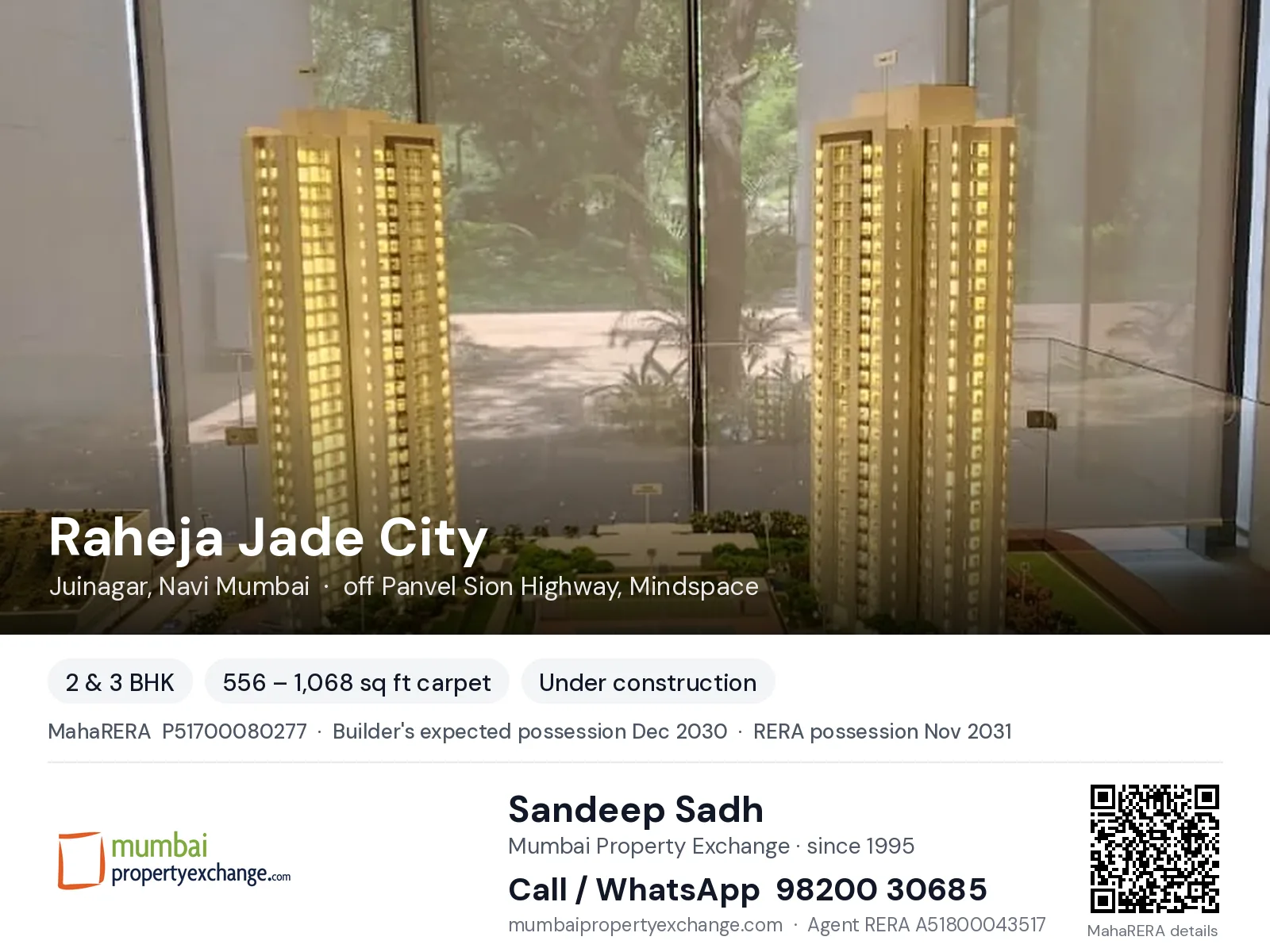Raheja Jade City, Juinagar, Navi Mumbai — 2 & 3 BHK new project, builder's expected possession Dec 2030, RERA possession Nov 2031 | Mumbai Property Exchange, Sandeep Sadh 98200 30685