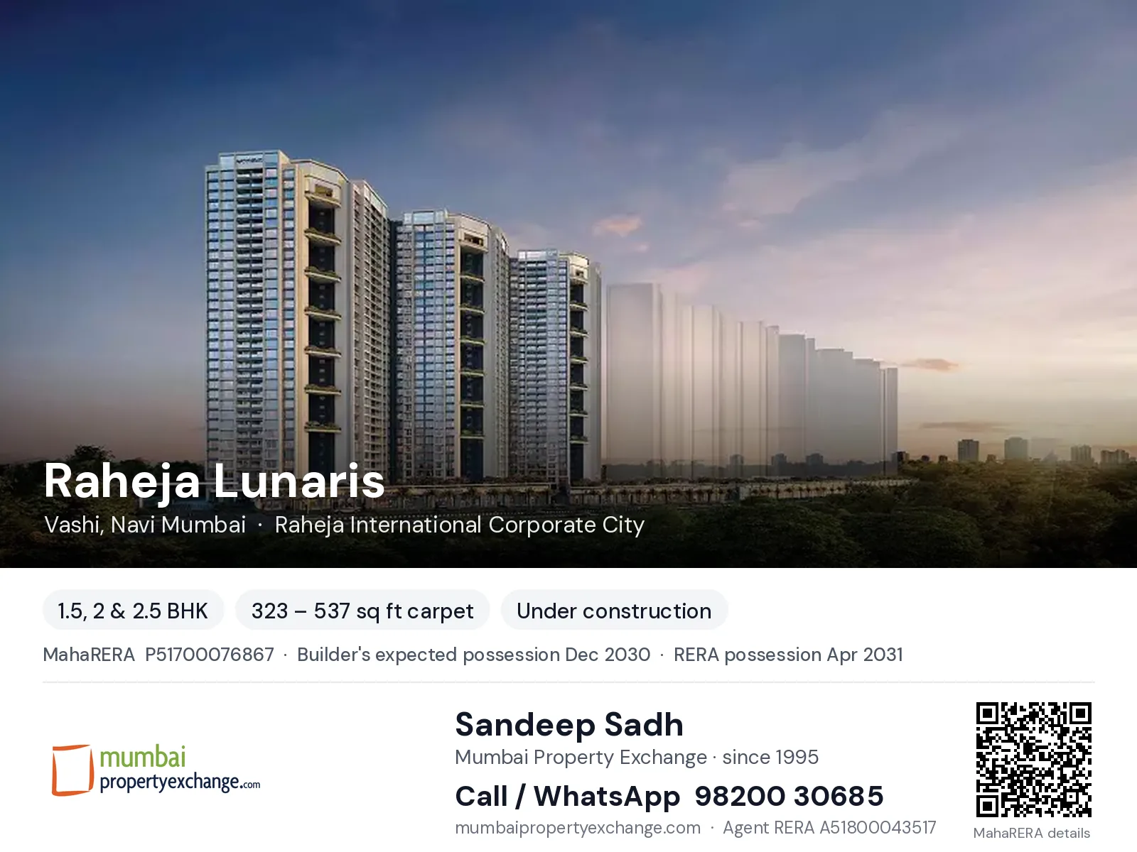 Raheja Lunaris, Vashi, Navi Mumbai — 1.5, 2 & 2.5 BHK new project, builder's expected possession Dec 2030, RERA possession Apr 2031 | Mumbai Property Exchange, Sandeep Sadh 98200 30685