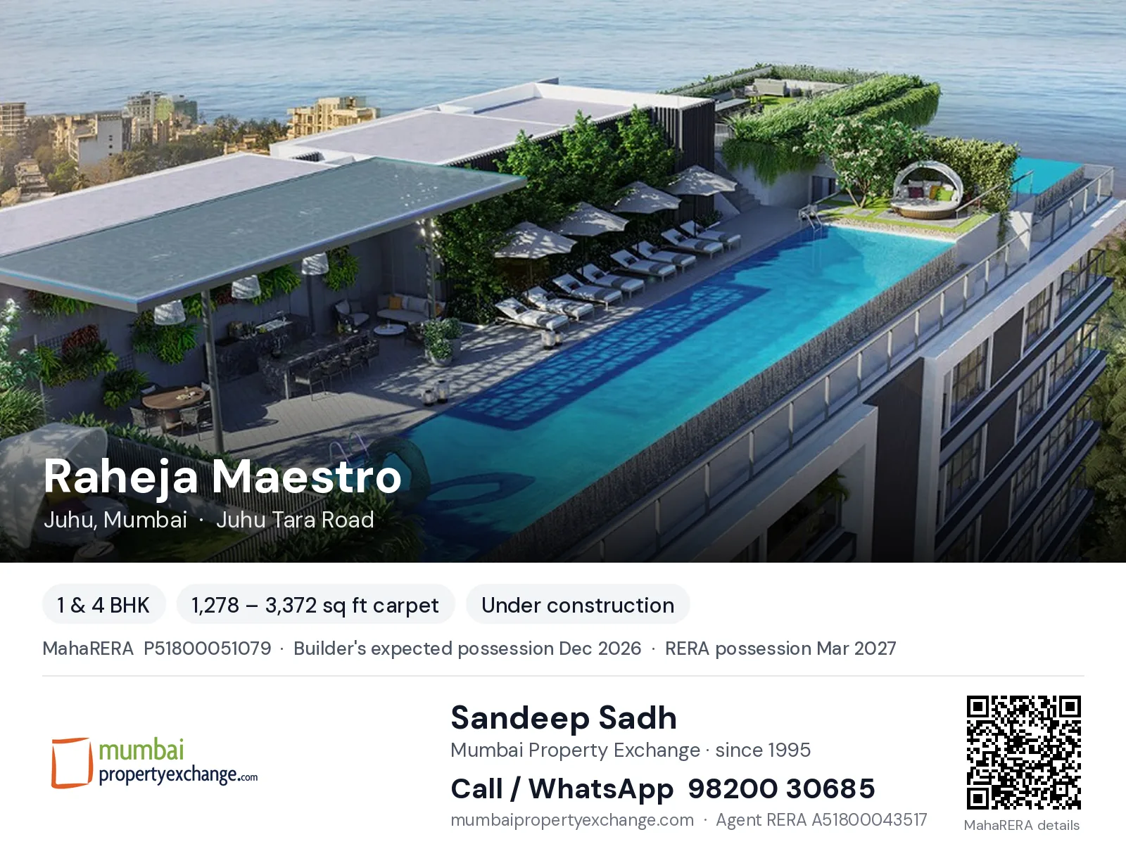 Raheja Maestro, Juhu, Mumbai — 1 & 4 BHK new project, builder's expected possession Dec 2026, RERA possession Mar 2027 | Mumbai Property Exchange, Sandeep Sadh 98200 30685