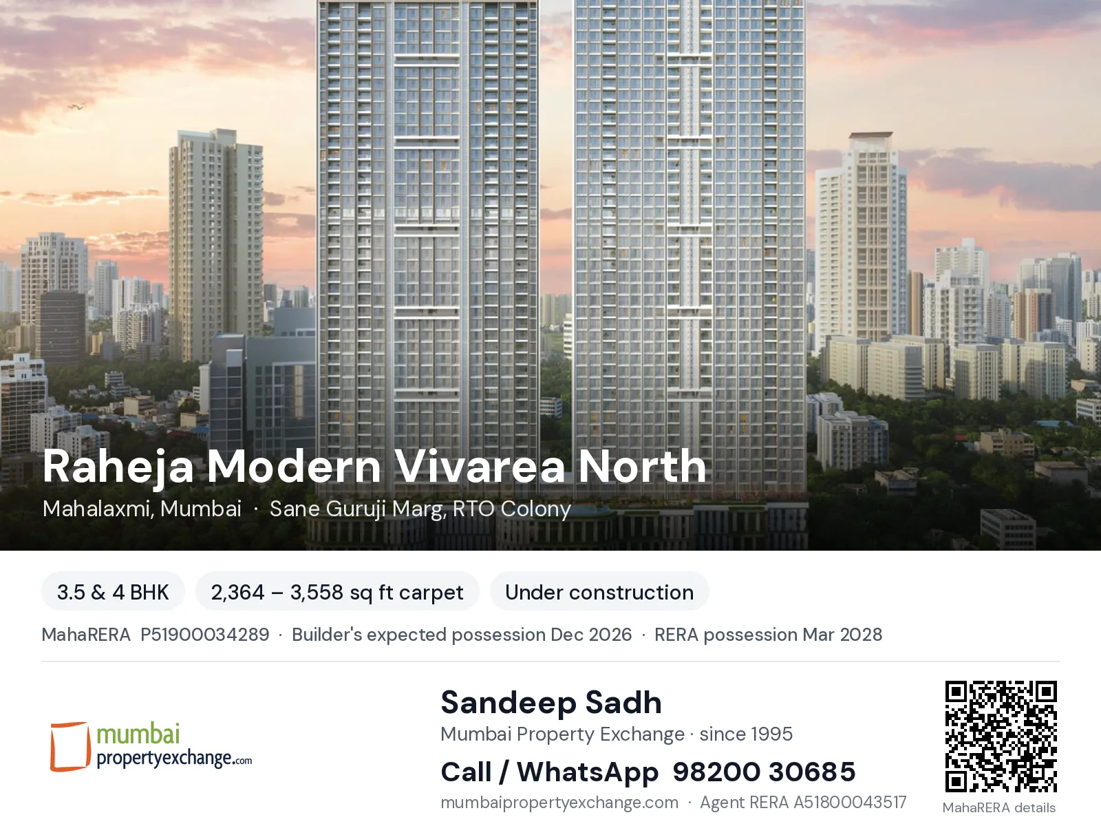 Raheja Modern Vivarea North, Mahalaxmi, Mumbai — 3.5 & 4 BHK new project, builder's expected possession Dec 2026, RERA possession Mar 2028 | Mumbai Property Exchange, Sandeep Sadh 98200 30685