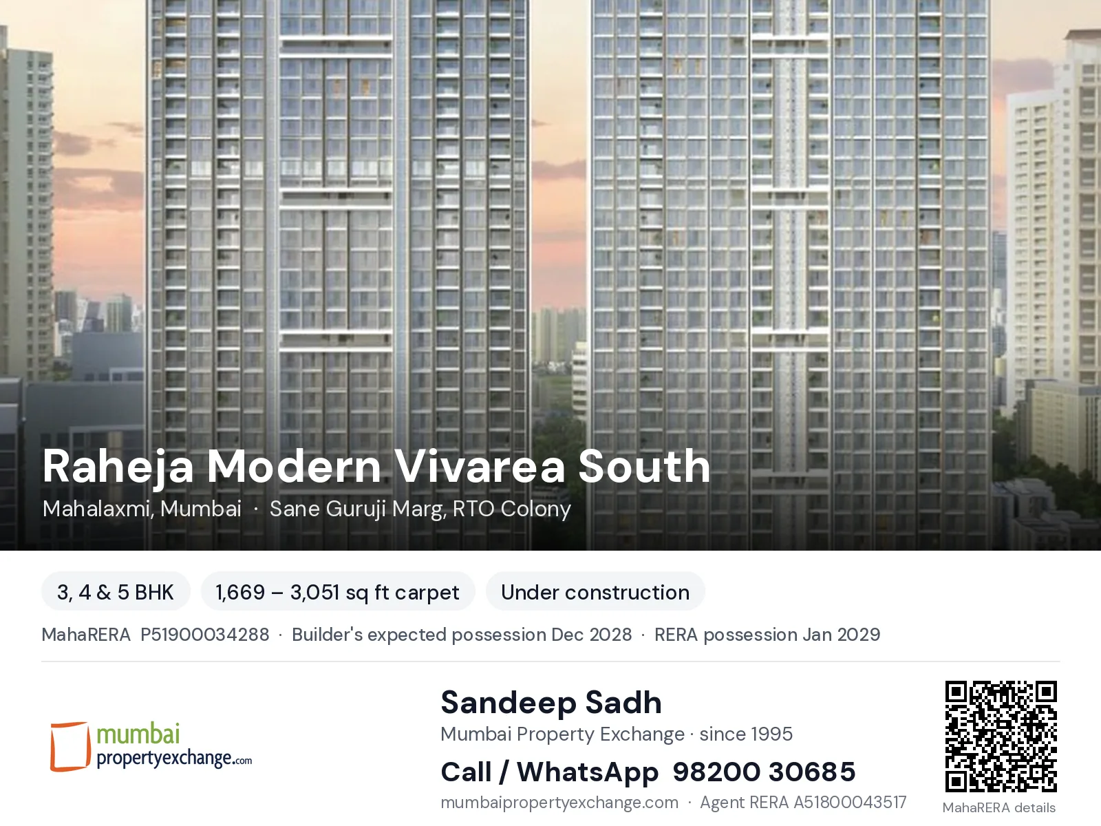 Raheja Modern Vivarea South, Mahalaxmi, Mumbai — 3, 4 & 5 BHK new project, builder's expected possession Dec 2028, RERA possession Jan 2029 | Mumbai Property Exchange, Sandeep Sadh 98200 30685