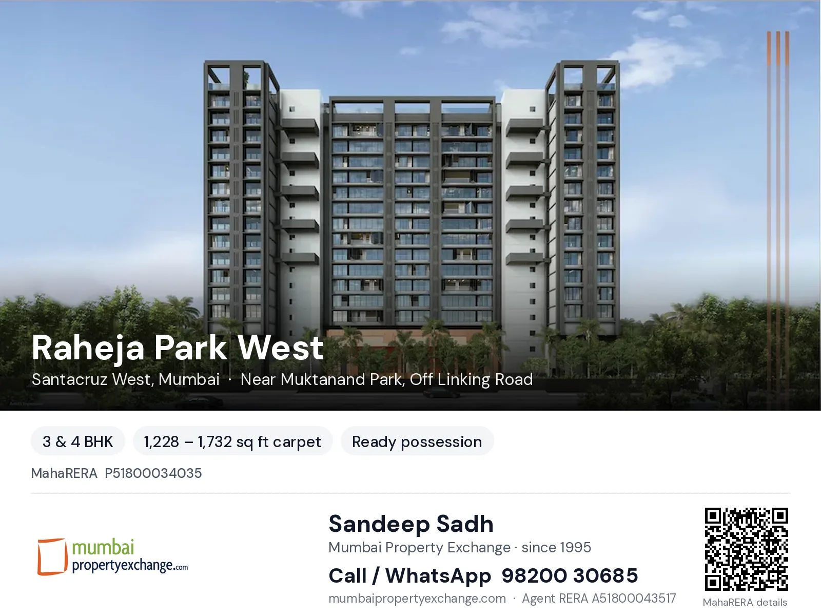 Raheja Park West, Santacruz West, Mumbai — 3 & 4 BHK ready-to-move project | Mumbai Property Exchange, Sandeep Sadh 98200 30685