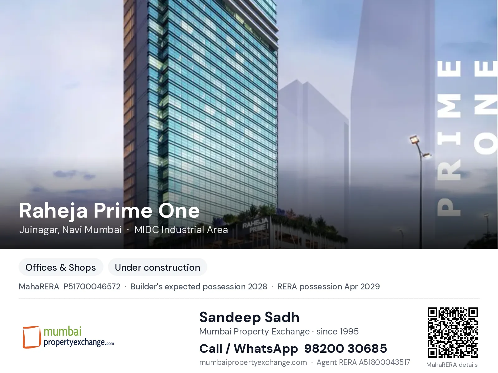 Raheja Prime One, Juinagar, Navi Mumbai — new project, builder's expected possession 2028, RERA possession Apr 2029 | Mumbai Property Exchange, Sandeep Sadh 98200 30685