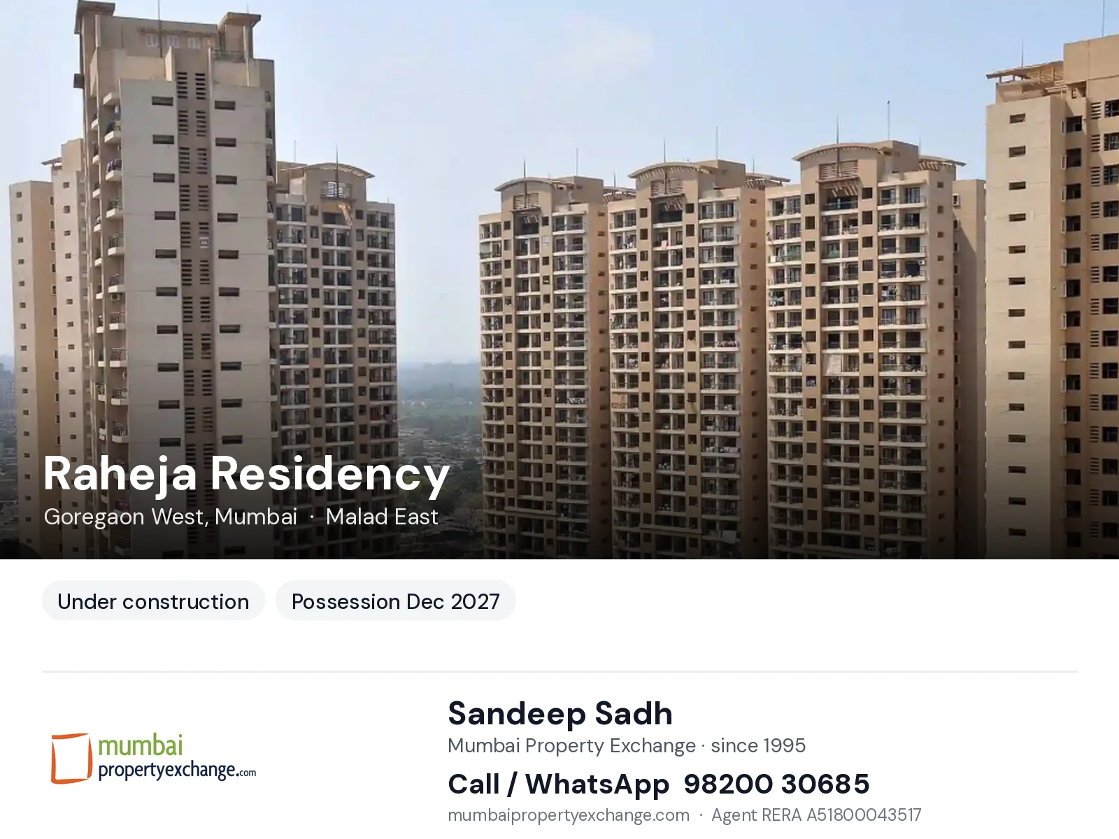 Raheja Residency, Goregaon West, Mumbai — new project, possession Dec 2027 | Mumbai Property Exchange, Sandeep Sadh 98200 30685
