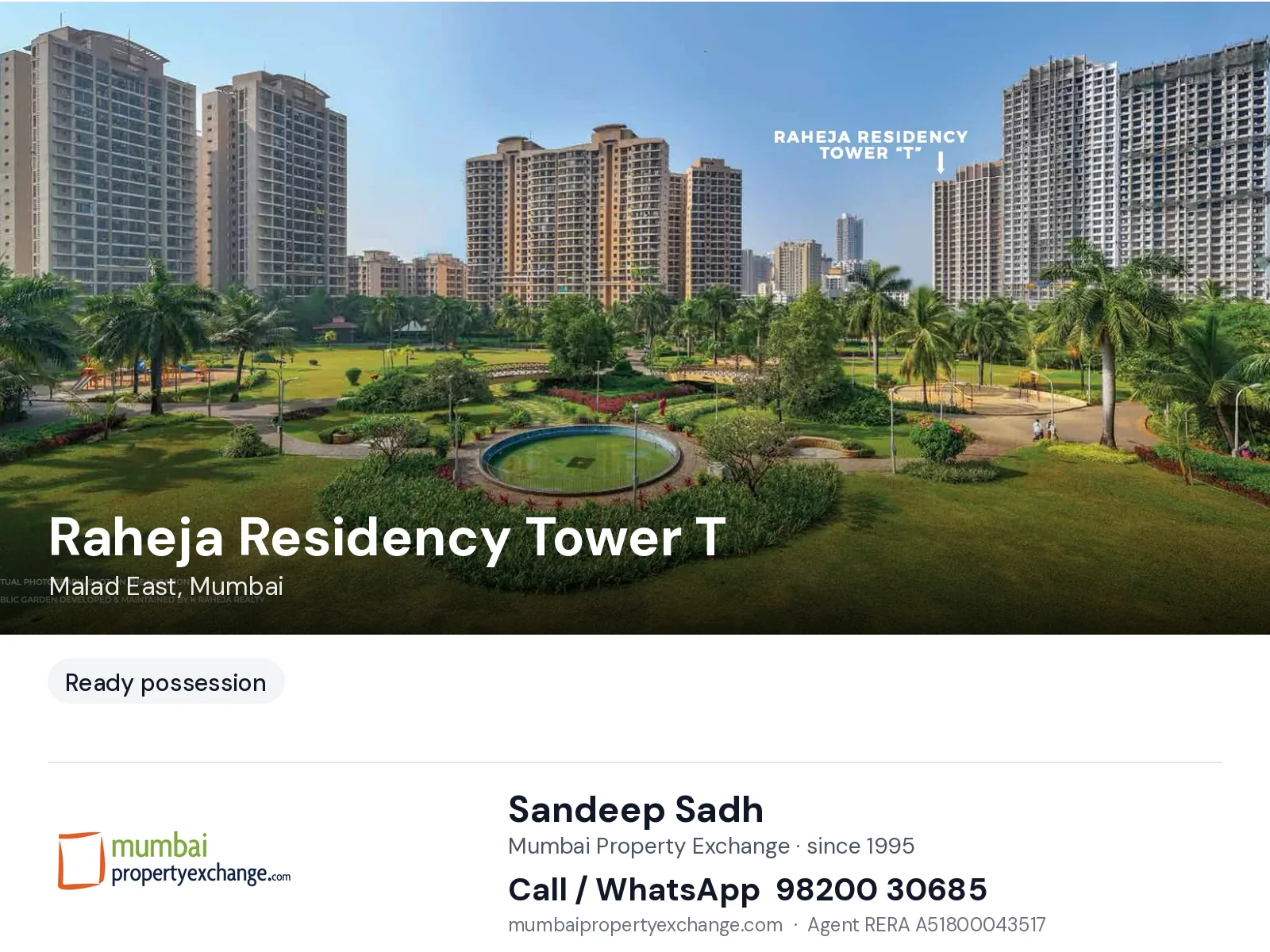 Raheja Residency Tower T, Malad East, Mumbai — ready-to-move project | Mumbai Property Exchange, Sandeep Sadh 98200 30685