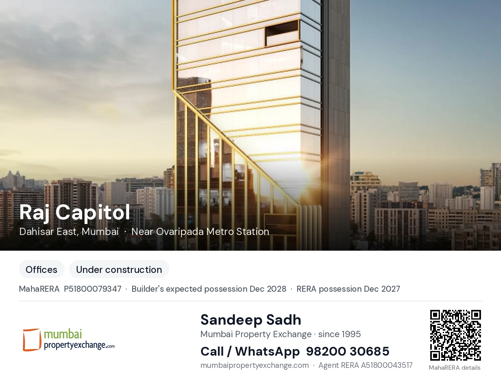 Raj Capitol, Dahisar East, Mumbai — new project, builder's expected possession Dec 2028, RERA possession Dec 2027 | Mumbai Property Exchange, Sandeep Sadh 98200 30685