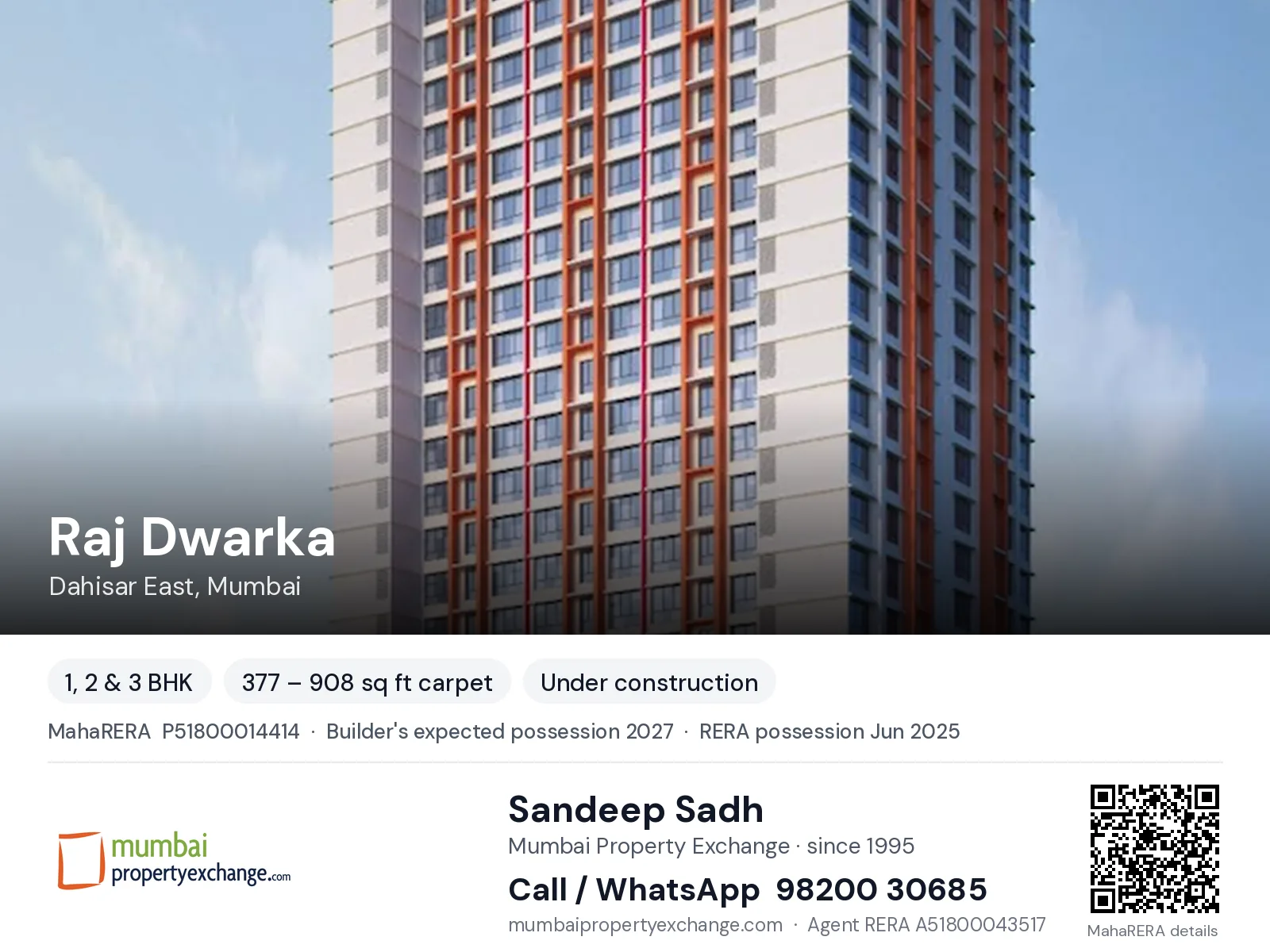 Raj Dwarka by Rajesh LifeSpaces, Dahisar East, Mumbai — 1, 2 & 3 BHK new project, builder's expected possession 2027, RERA possession Jun 2025 | Mumbai Property Exchange, Sandeep Sadh 98200 30685