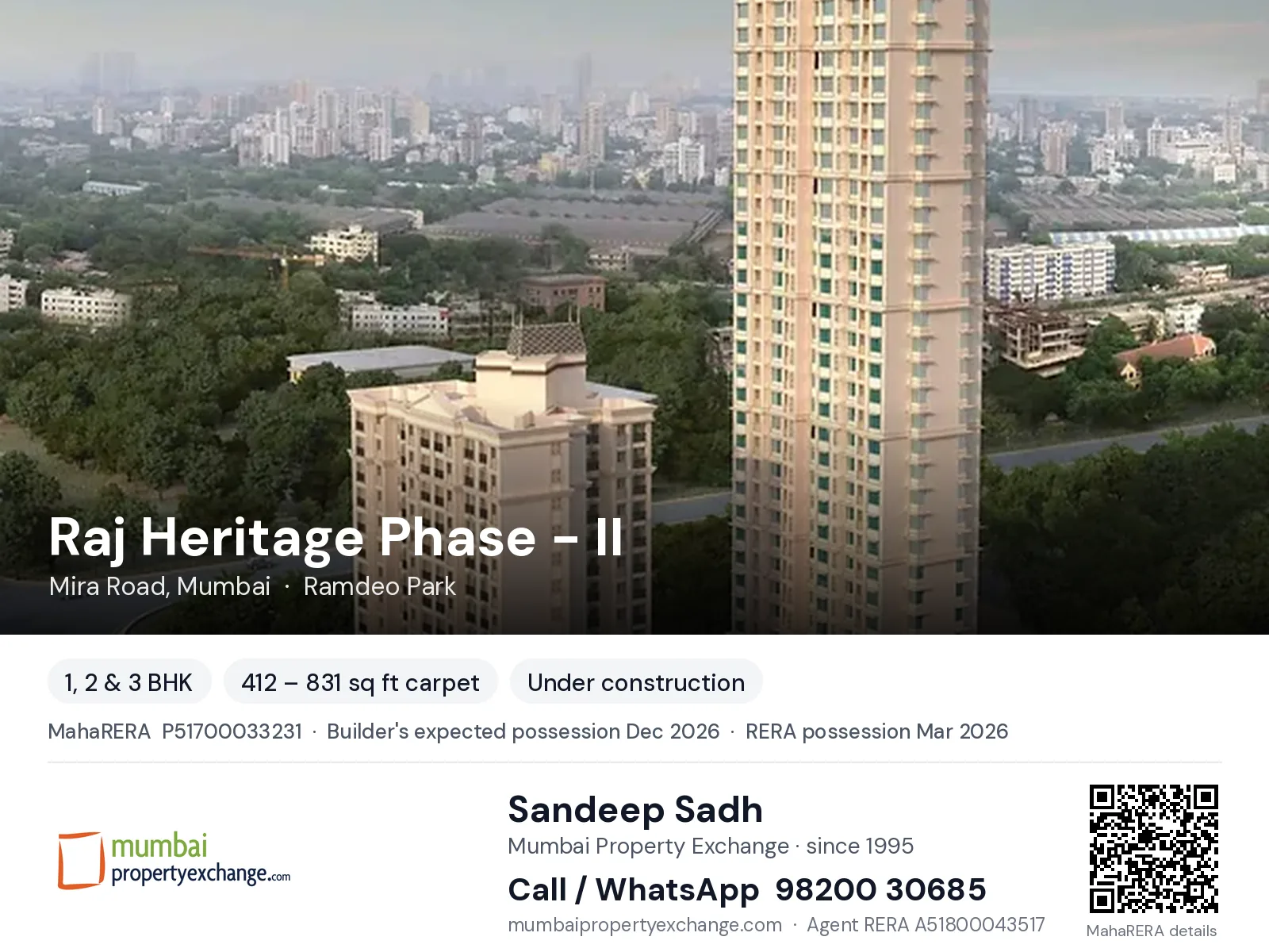 Raj Heritage Phase - II, Mira Road, Mumbai — 1, 2 & 3 BHK new project, builder's expected possession Dec 2026, RERA possession Mar 2026 | Mumbai Property Exchange, Sandeep Sadh 98200 30685