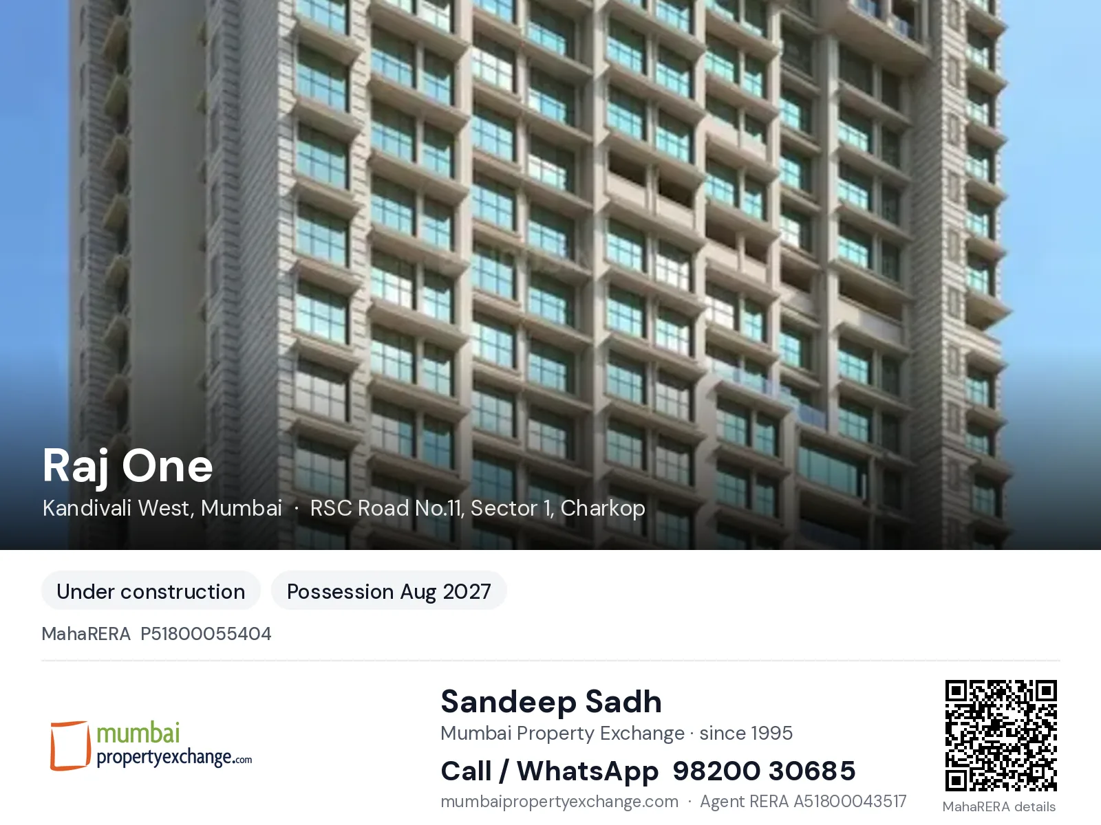 Raj One, Kandivali West, Mumbai — new project, possession Aug 2027 | Mumbai Property Exchange, Sandeep Sadh 98200 30685