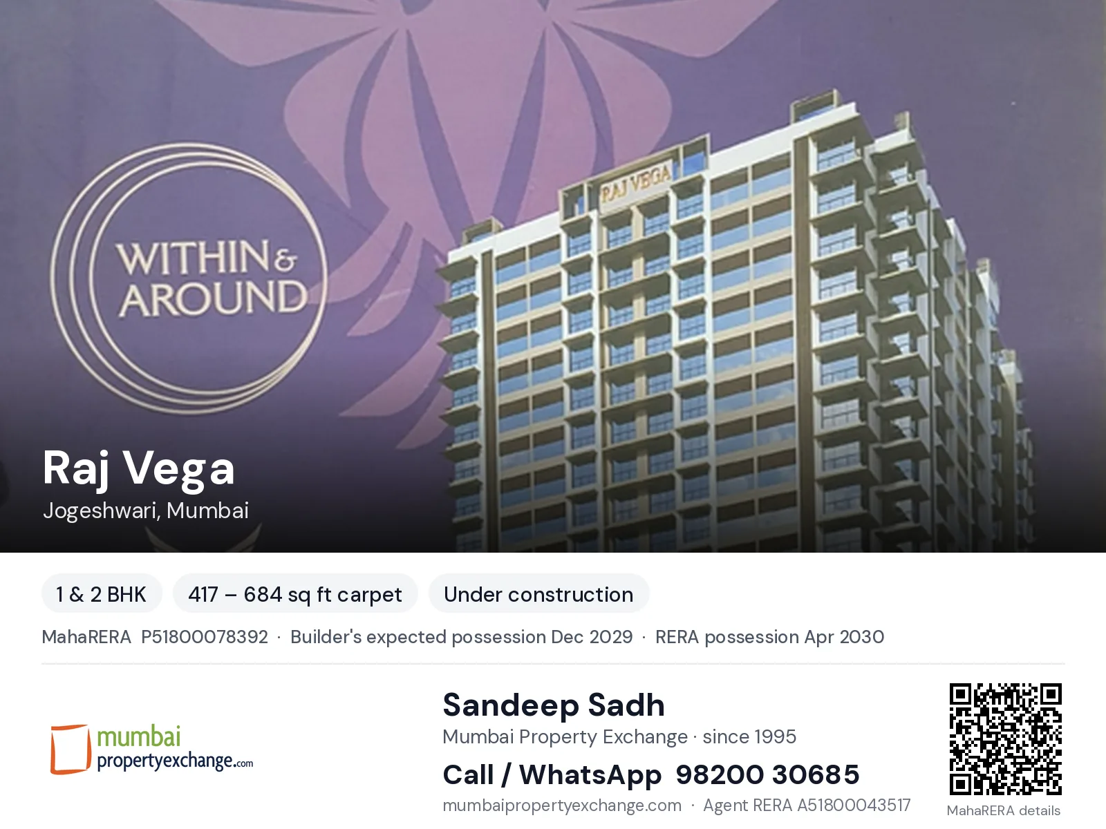 Raj Vega, Jogeshwari, Mumbai — 1 & 2 BHK new project, builder's expected possession Dec 2029, RERA possession Apr 2030 | Mumbai Property Exchange, Sandeep Sadh 98200 30685