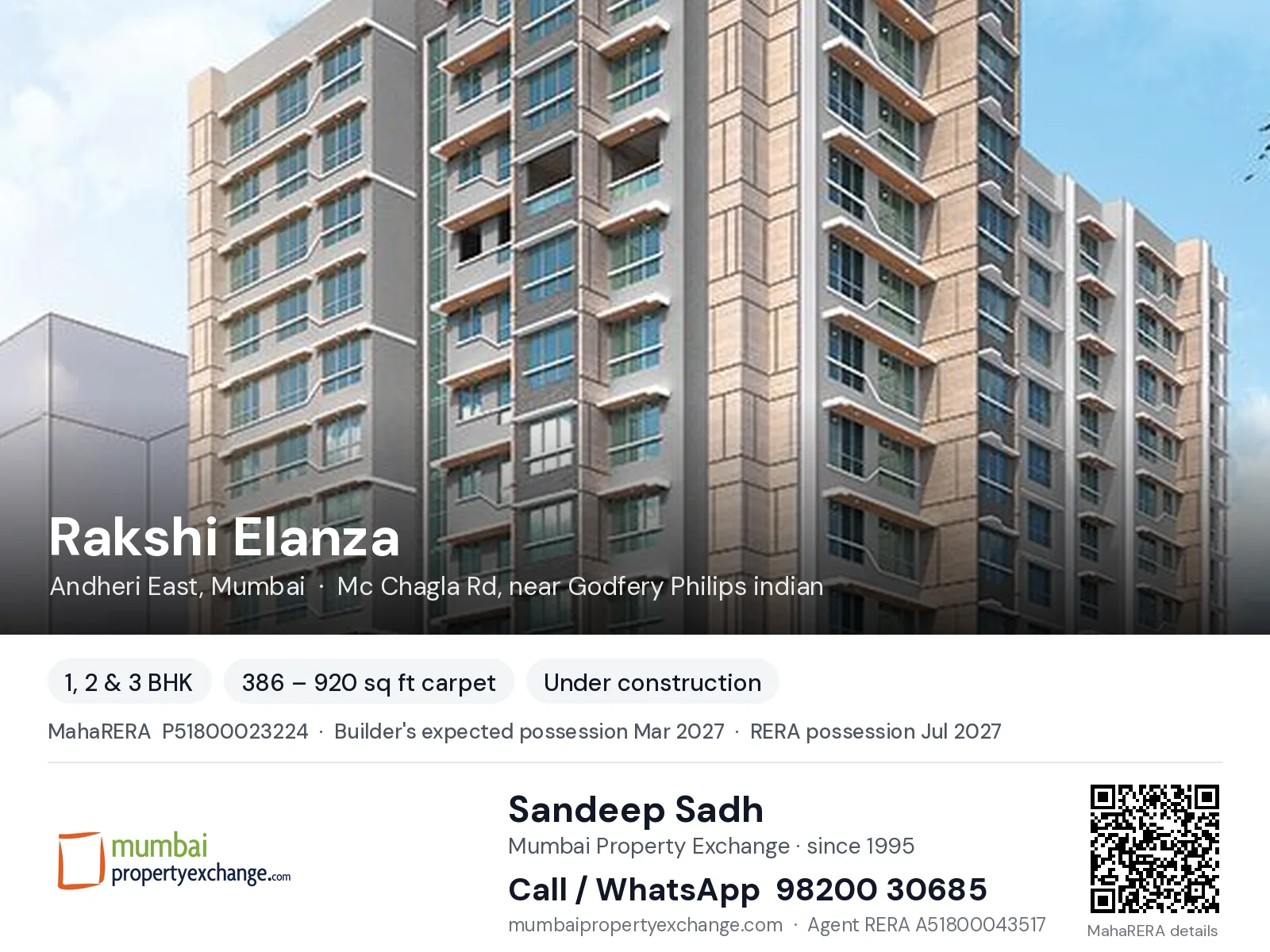 Rakshi Elanza by Atul India, Andheri East, Mumbai — 1, 2 & 3 BHK new project, builder's expected possession Mar 2027, RERA possession Jul 2027 | Mumbai Property Exchange, Sandeep Sadh 98200 30685