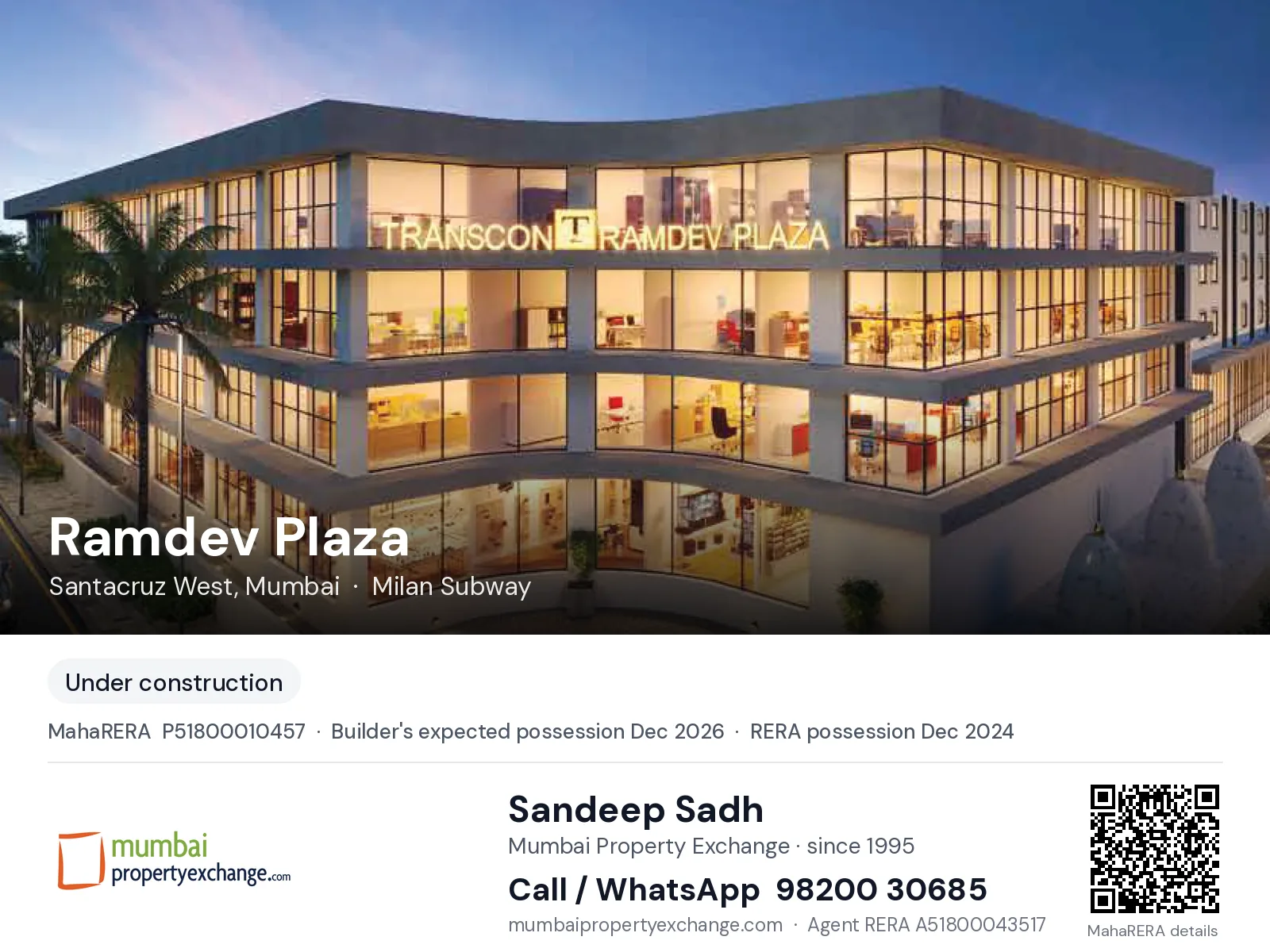 Ramdev Plaza by Transcon, Santacruz West, Mumbai — new project, builder's expected possession Dec 2026, RERA possession Dec 2024 | Mumbai Property Exchange, Sandeep Sadh 98200 30685