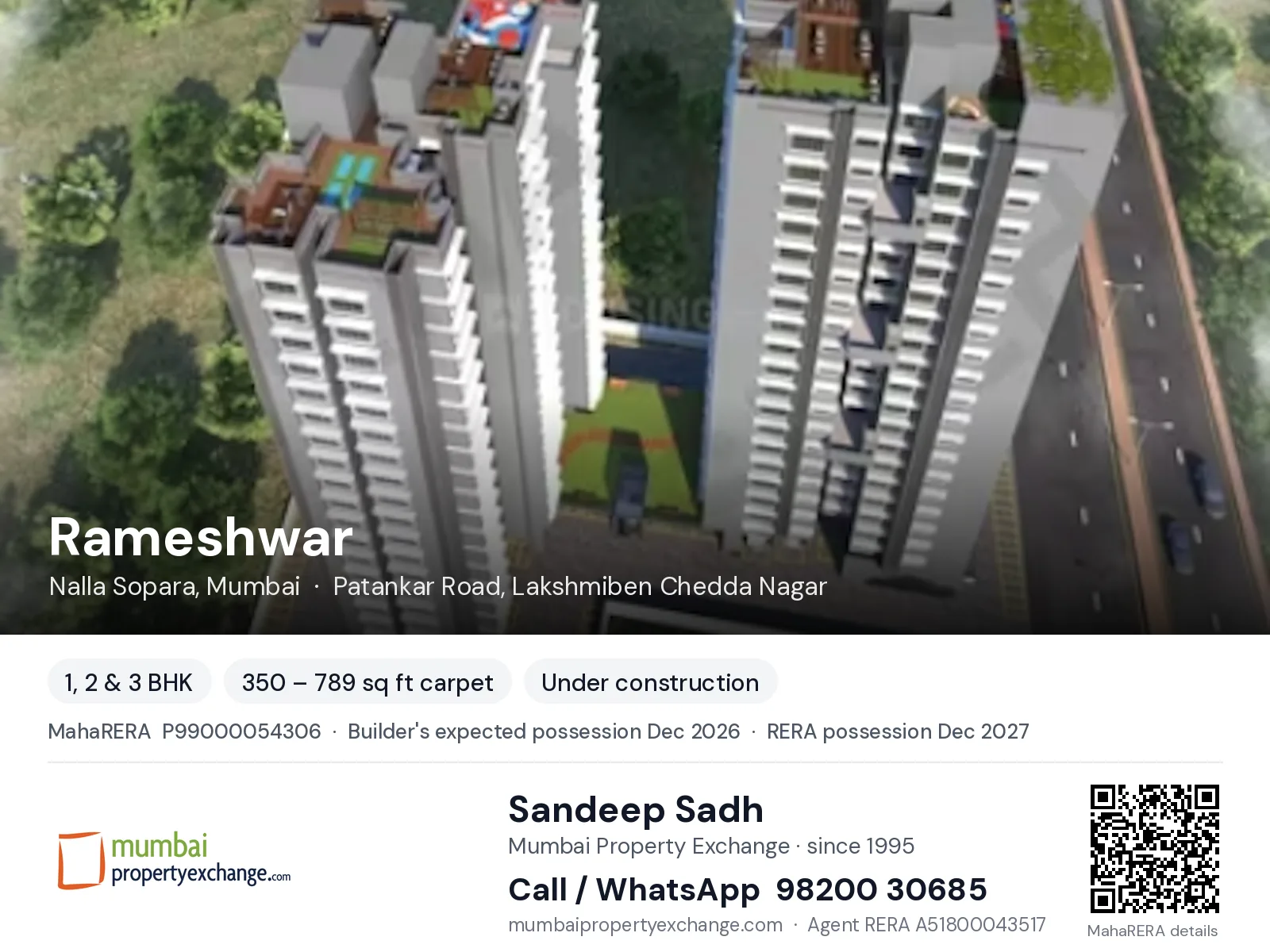 Rameshwar by Chheda Associate, Nalla Sopara, Mumbai — 1, 2 & 3 BHK new project, builder's expected possession Dec 2026, RERA possession Dec 2027 | Mumbai Property Exchange, Sandeep Sadh 98200 30685