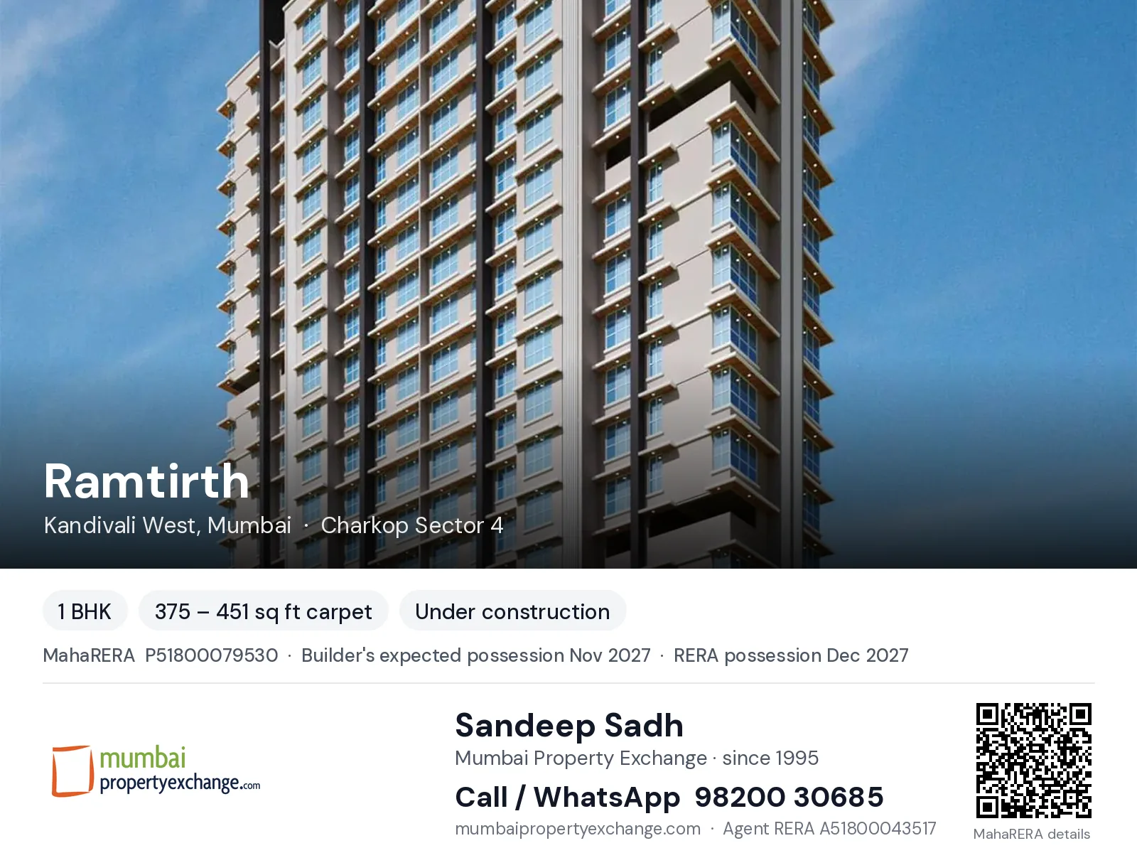 Ramtirth by Shivraj, Kandivali West, Mumbai — 1 BHK new project, builder's expected possession Nov 2027, RERA possession Dec 2027 | Mumbai Property Exchange, Sandeep Sadh 98200 30685