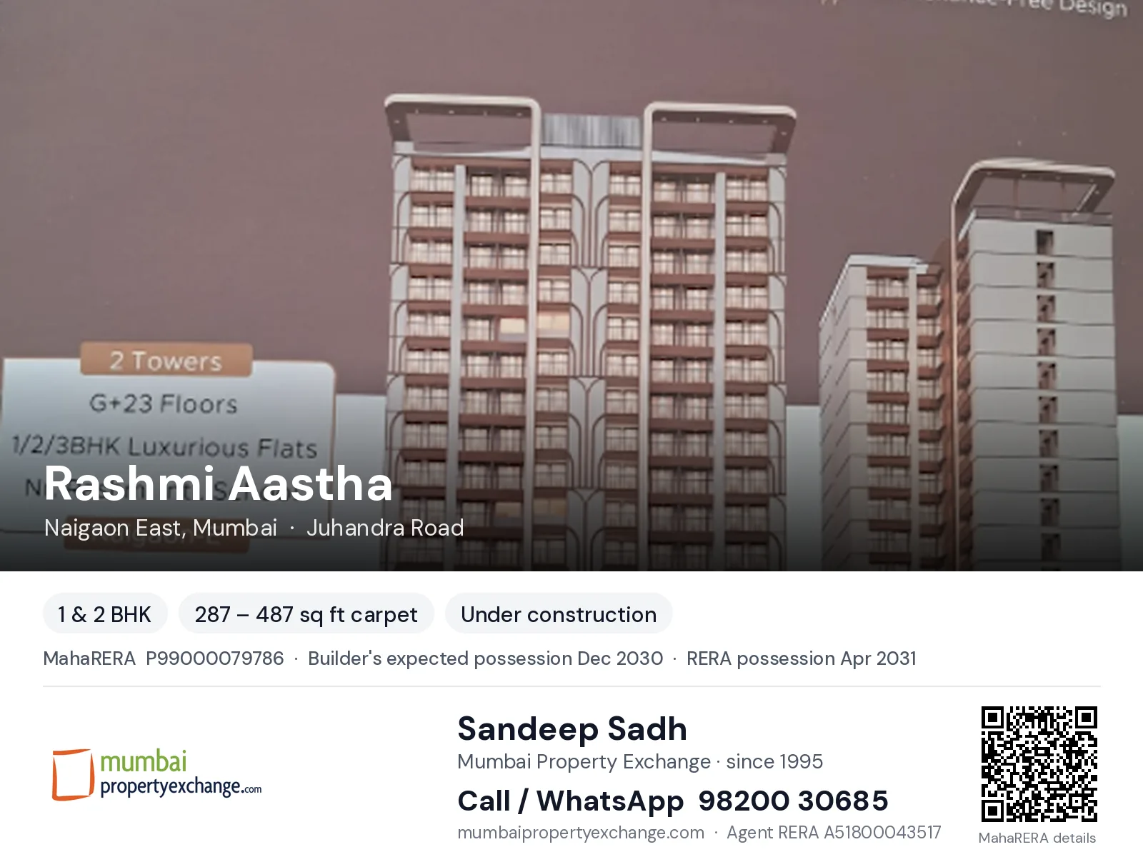 Rashmi Aastha, Naigaon East, Mumbai — 1 & 2 BHK new project, builder's expected possession Dec 2030, RERA possession Apr 2031 | Mumbai Property Exchange, Sandeep Sadh 98200 30685