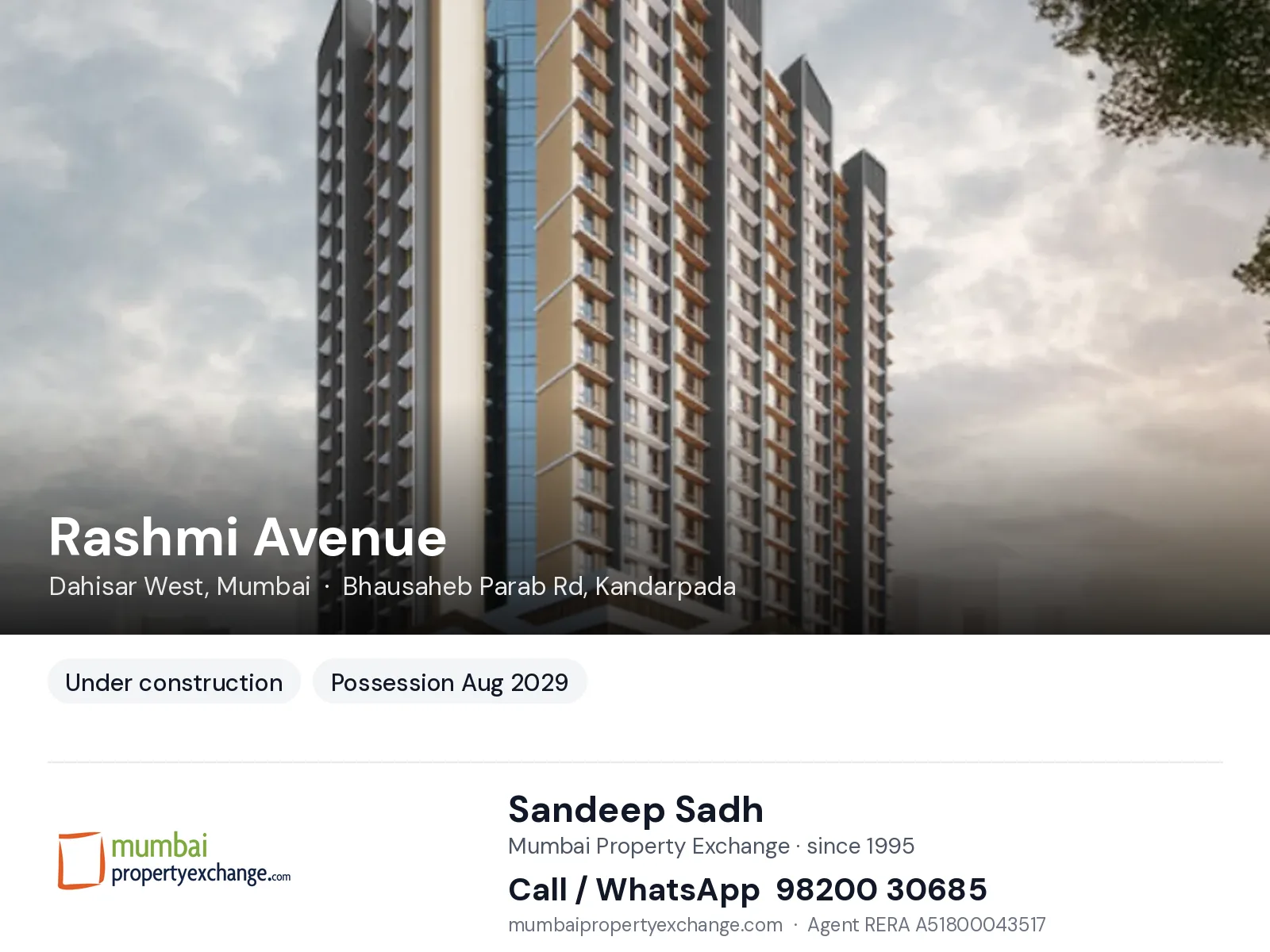 Rashmi Avenue by Modis Navnirman, Dahisar West, Mumbai — new project, possession Aug 2029 | Mumbai Property Exchange, Sandeep Sadh 98200 30685