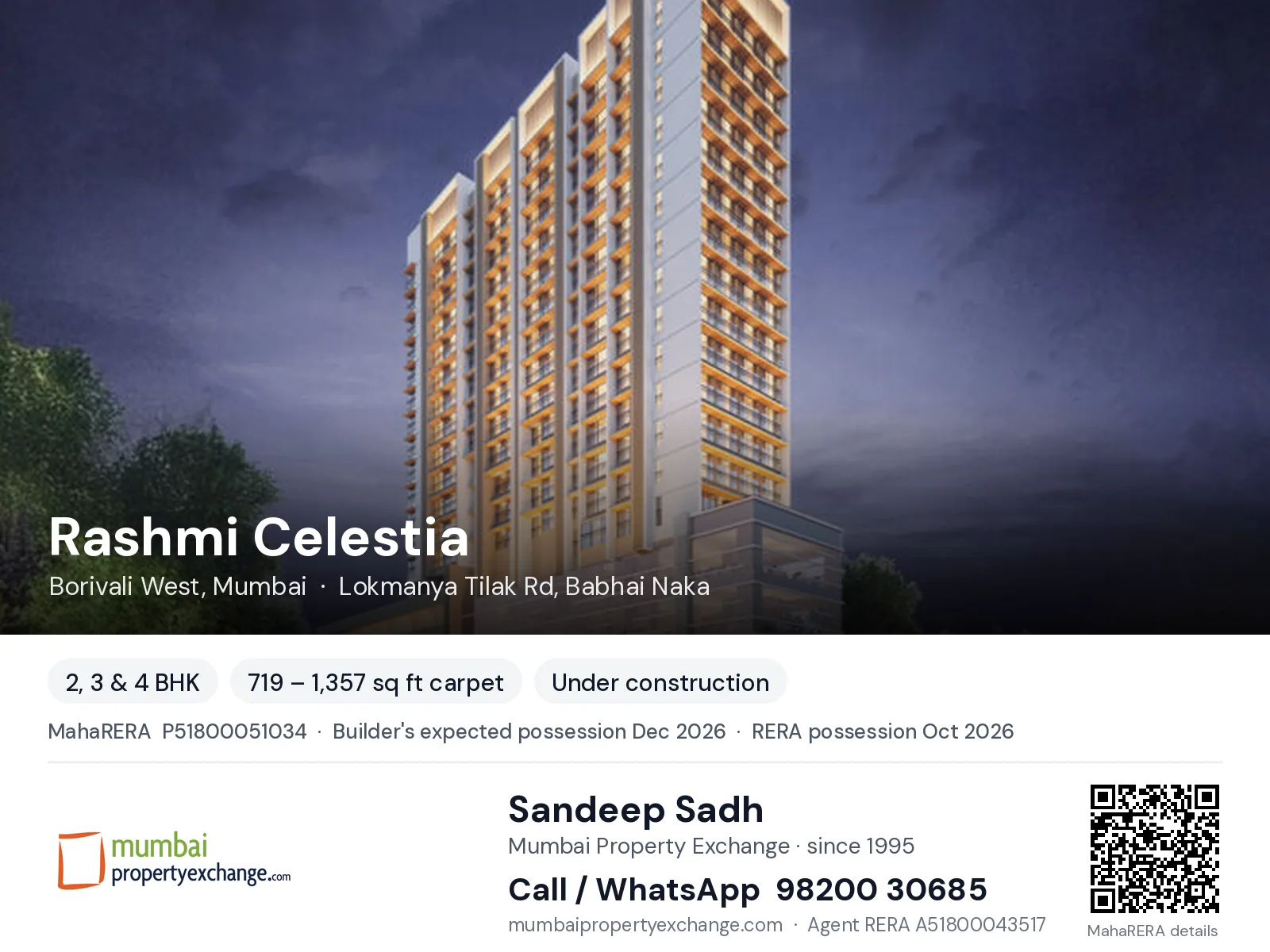 Rashmi Celestia by Modis Navnirman, Borivali West, Mumbai — 2, 3 & 4 BHK new project, builder's expected possession Dec 2026, RERA possession Oct 2026 | Mumbai Property Exchange, Sandeep Sadh 98200 30685