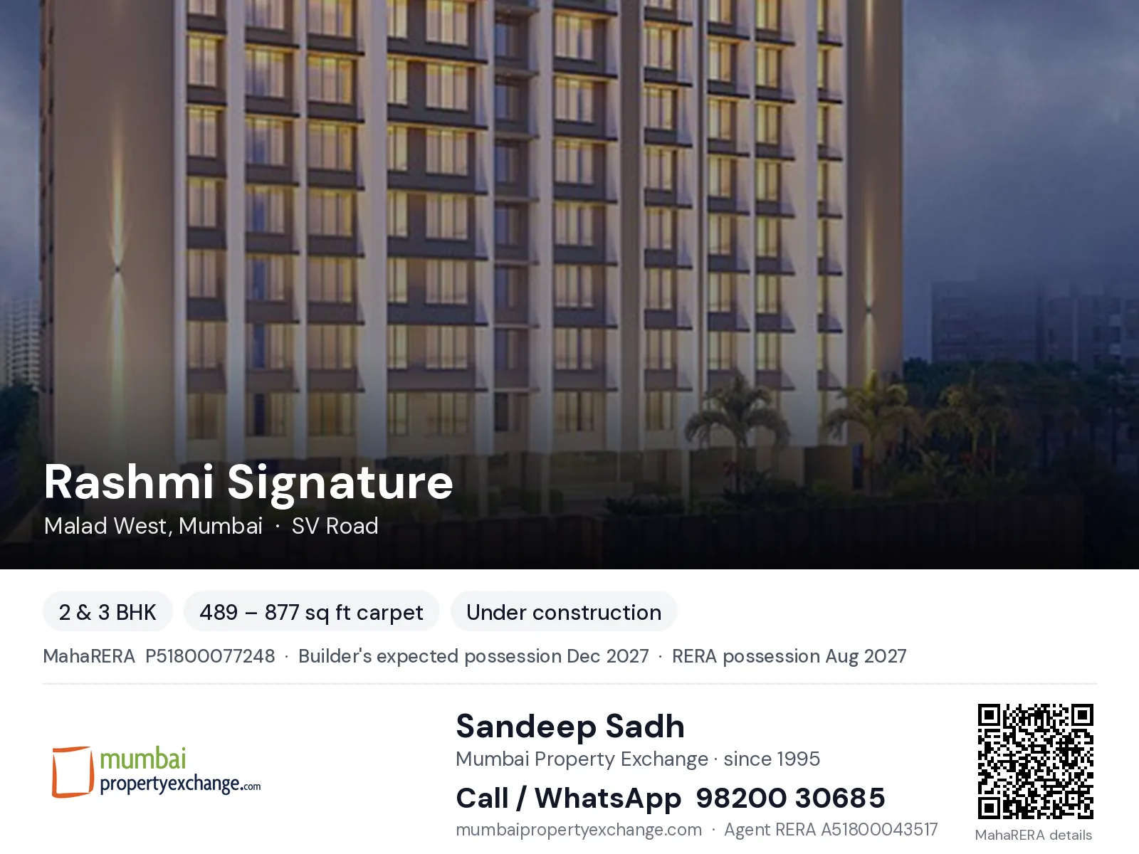 Rashmi Signature by Modis Navnirman, Malad West, Mumbai — 2 & 3 BHK new project, builder's expected possession Dec 2027, RERA possession Aug 2027 | Mumbai Property Exchange, Sandeep Sadh 98200 30685