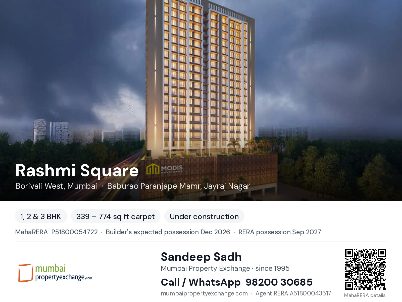 Rashmi Square by Modis Navnirman, Borivali West, Mumbai — 1, 2 & 3 BHK new project, builder's expected possession Dec 2026, RERA possession Sep 2027 | Mumbai Property Exchange, Sandeep Sadh 98200 30685