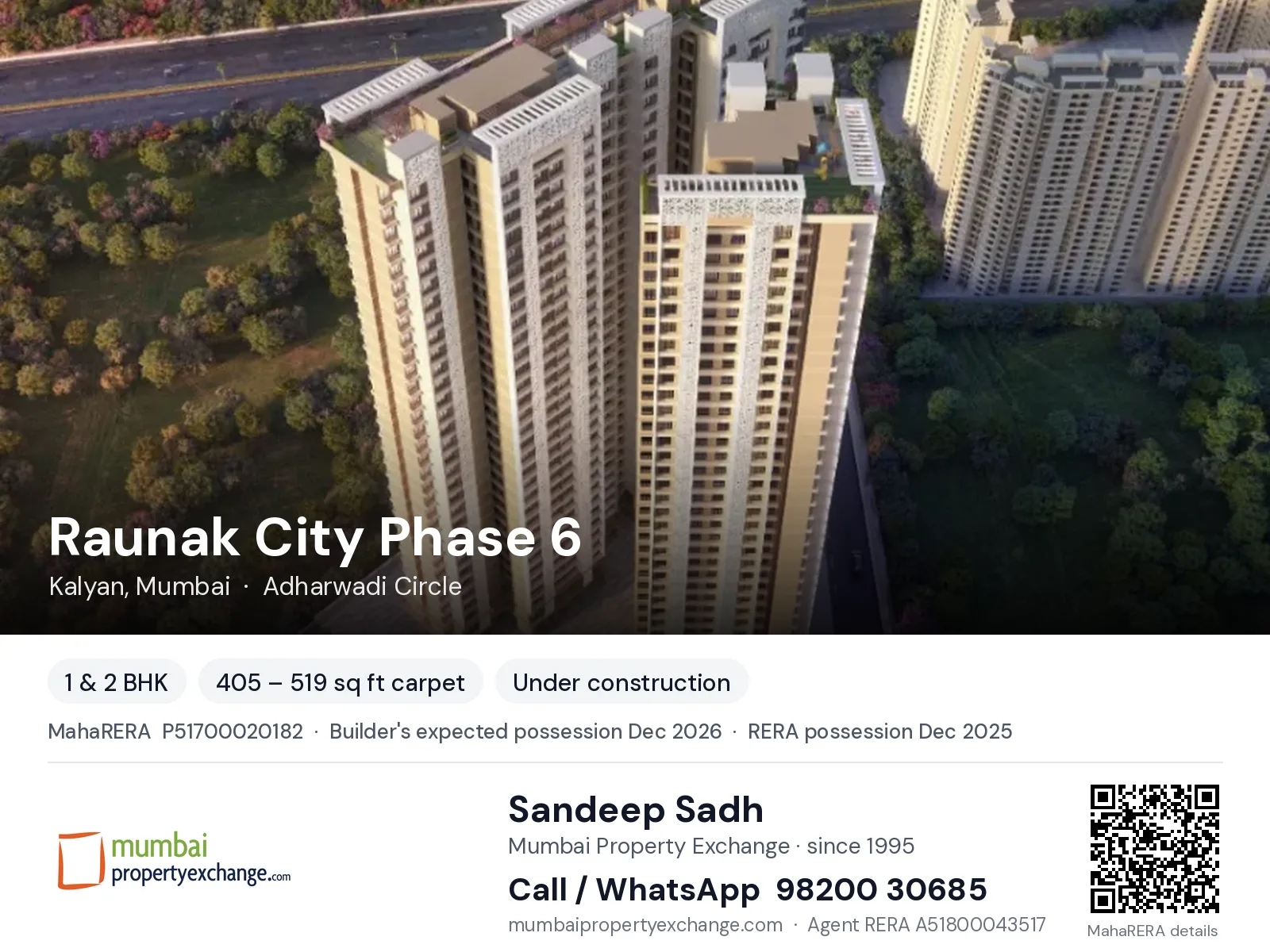 Raunak City Phase 6, Kalyan, Mumbai — 1 & 2 BHK new project, builder's expected possession Dec 2026, RERA possession Dec 2025 | Mumbai Property Exchange, Sandeep Sadh 98200 30685