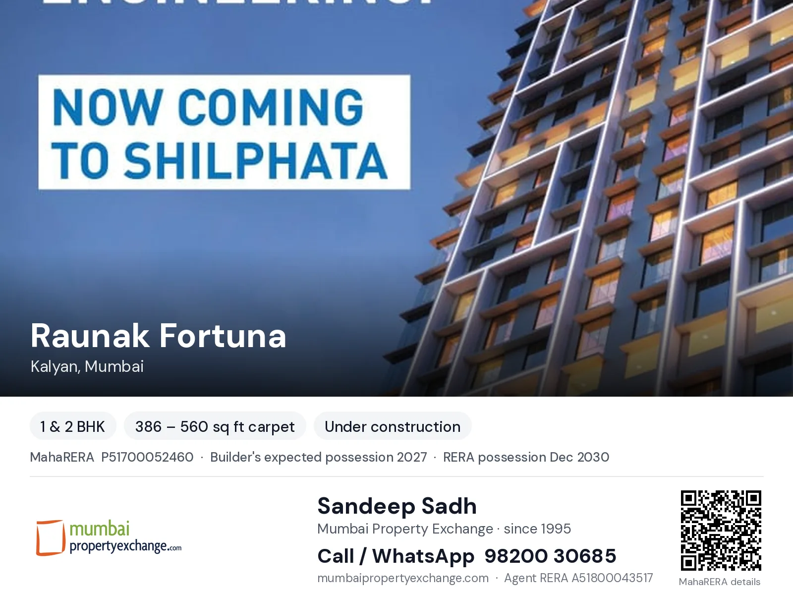 Raunak Fortuna, Kalyan, Mumbai — 1 & 2 BHK new project, builder's expected possession 2027, RERA possession Dec 2030 | Mumbai Property Exchange, Sandeep Sadh 98200 30685