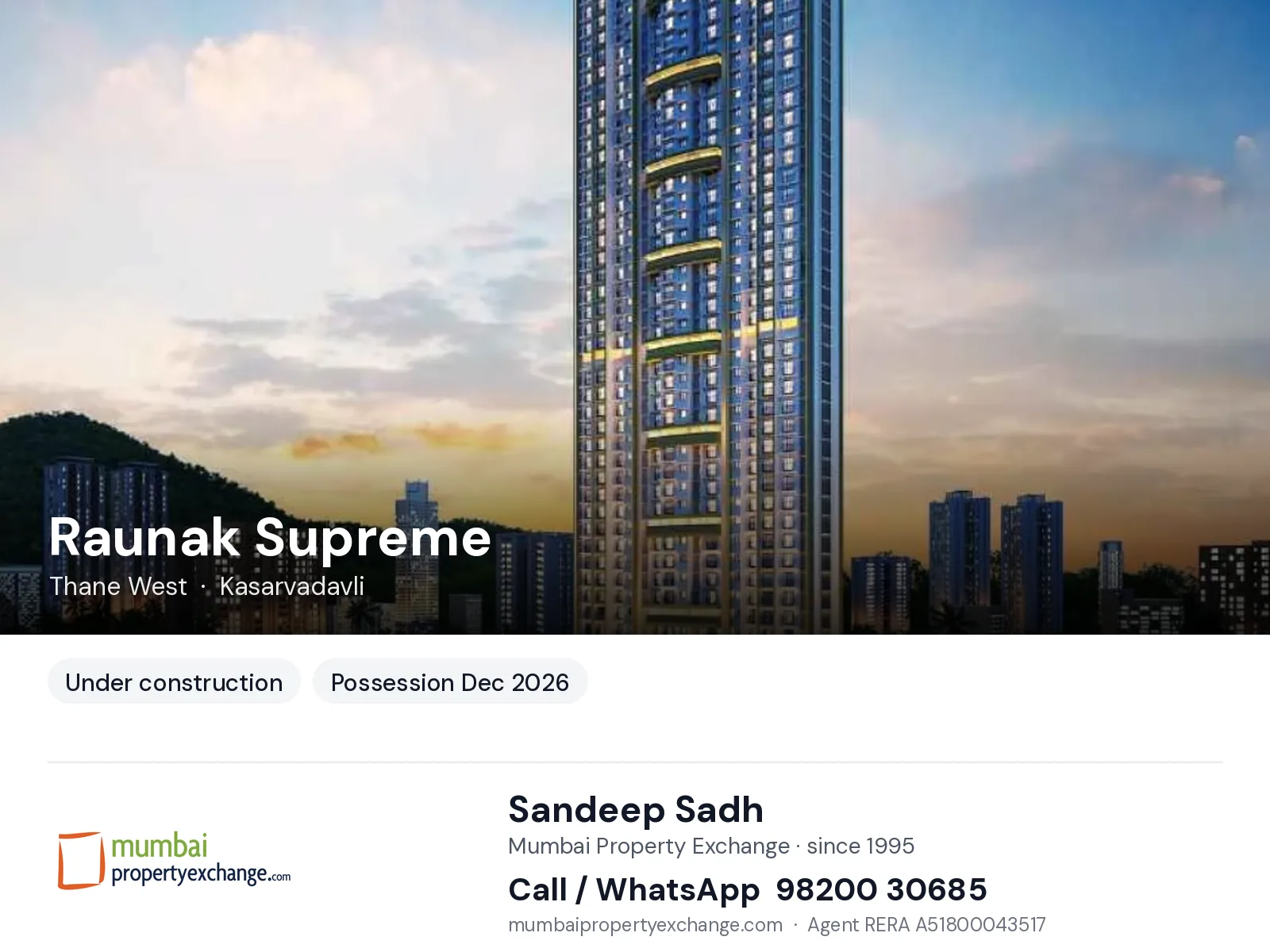 Raunak Supreme, Thane West — new project, possession Dec 2026 | Mumbai Property Exchange, Sandeep Sadh 98200 30685