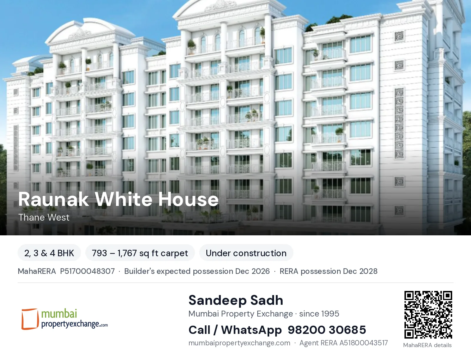 Raunak White House, Thane West — 2, 3 & 4 BHK new project, builder's expected possession Dec 2026, RERA possession Dec 2028 | Mumbai Property Exchange, Sandeep Sadh 98200 30685