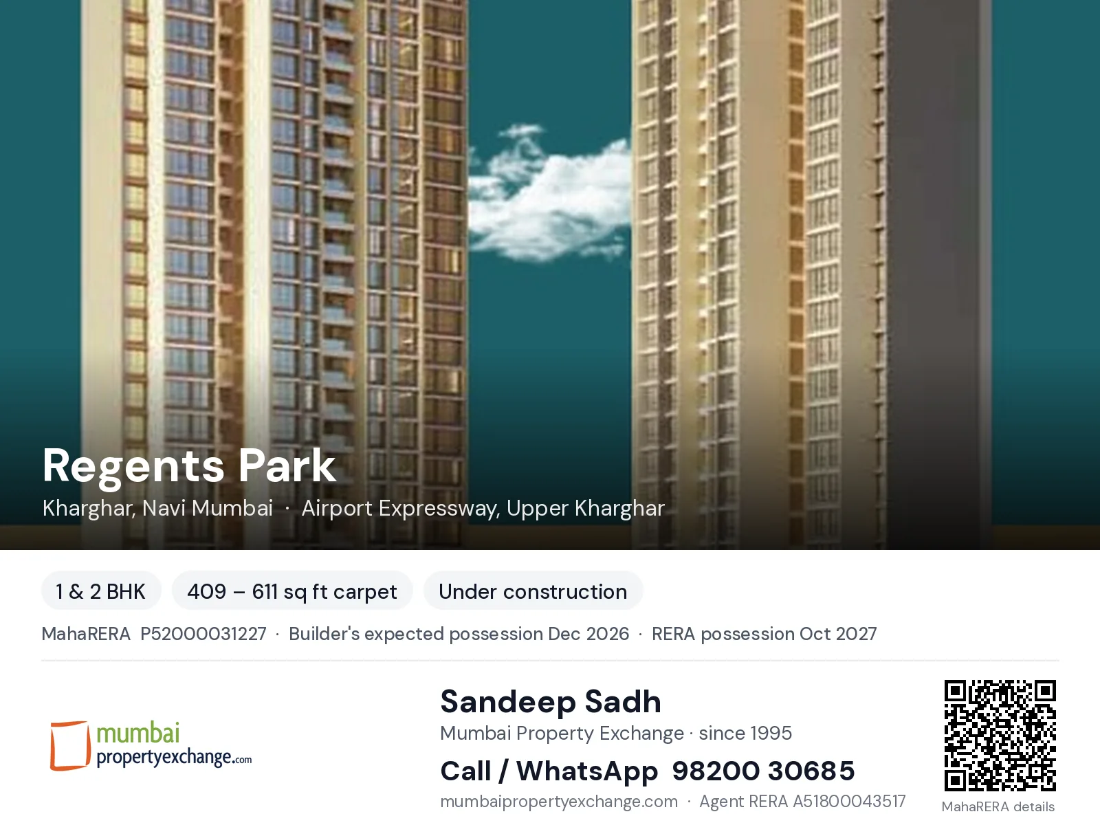 Regents Park by Metro, Kharghar, Navi Mumbai — 1 & 2 BHK new project, builder's expected possession Dec 2026, RERA possession Oct 2027 | Mumbai Property Exchange, Sandeep Sadh 98200 30685