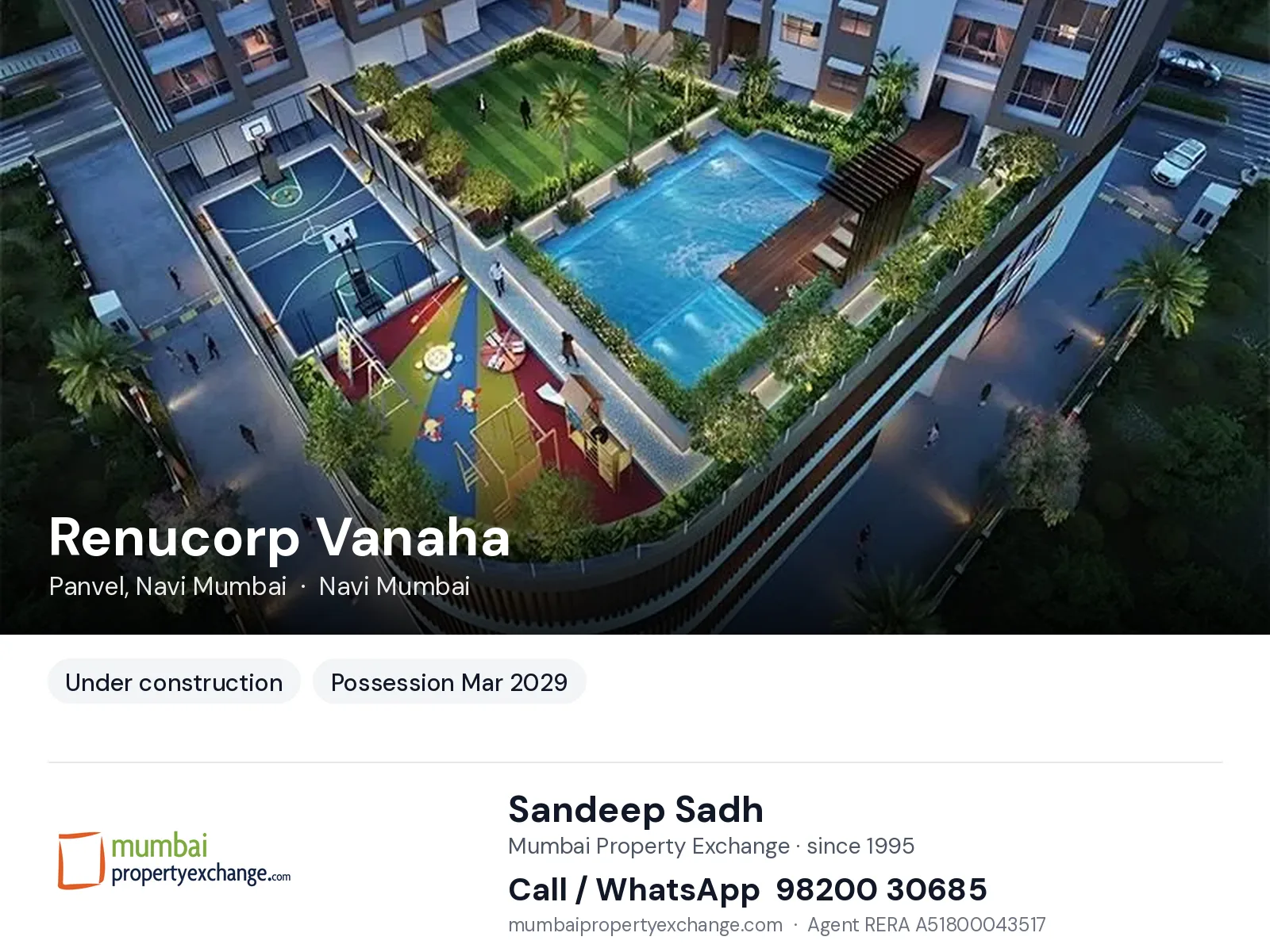 Renucorp Vanaha, Panvel, Navi Mumbai — new project, possession Mar 2029 | Mumbai Property Exchange, Sandeep Sadh 98200 30685