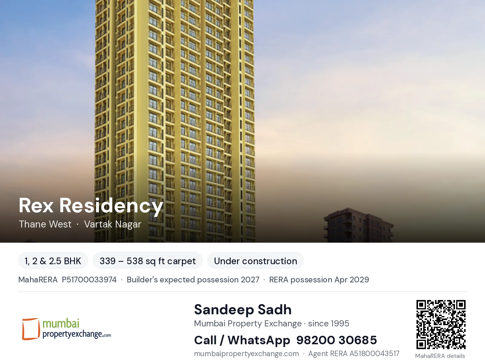 Rex Residency by Ekdanta, Thane West — 1, 2 & 2.5 BHK new project, builder's expected possession 2027, RERA possession Apr 2029 | Mumbai Property Exchange, Sandeep Sadh 98200 30685