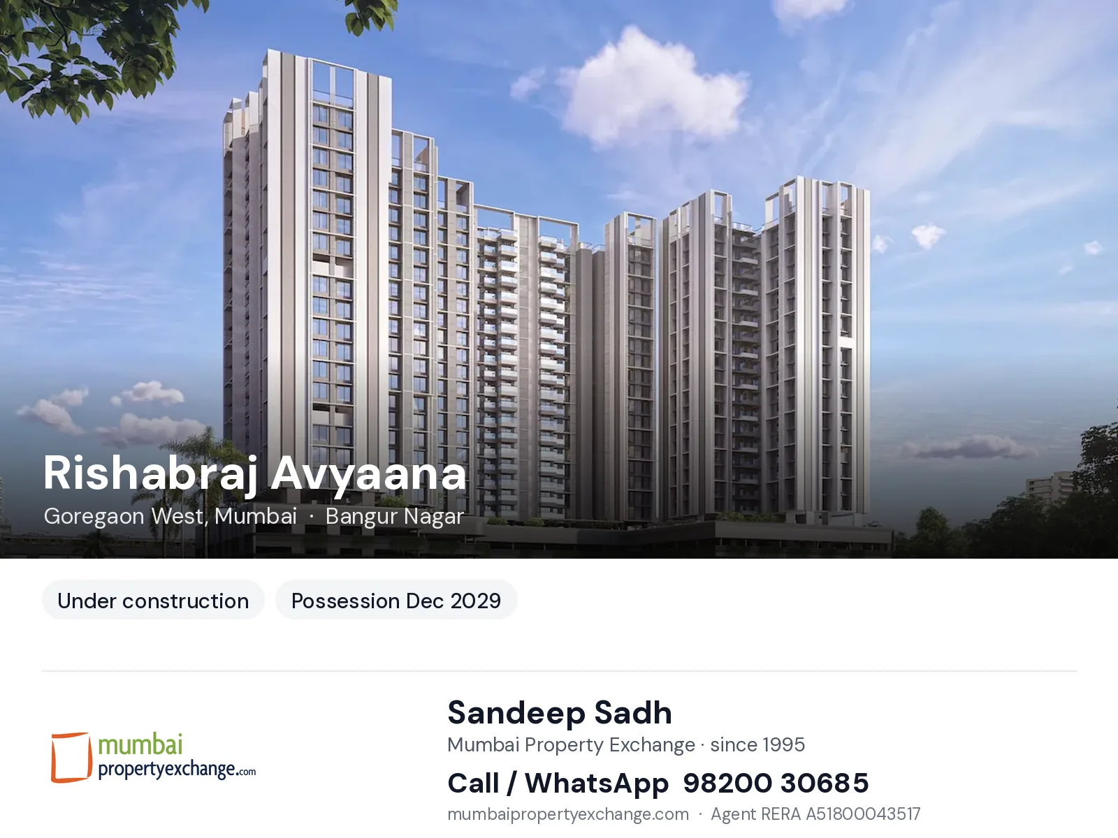 Rishabraj Avyaana, Goregaon West, Mumbai — new project, possession Dec 2029 | Mumbai Property Exchange, Sandeep Sadh 98200 30685