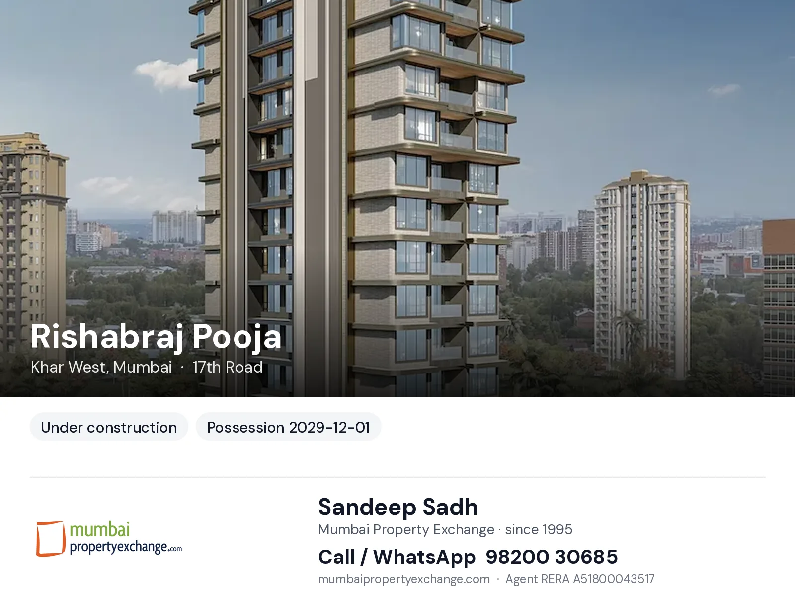 Rishabraj Pooja, Khar West, Mumbai — new project, possession 2029-12-01 | Mumbai Property Exchange, Sandeep Sadh 98200 30685
