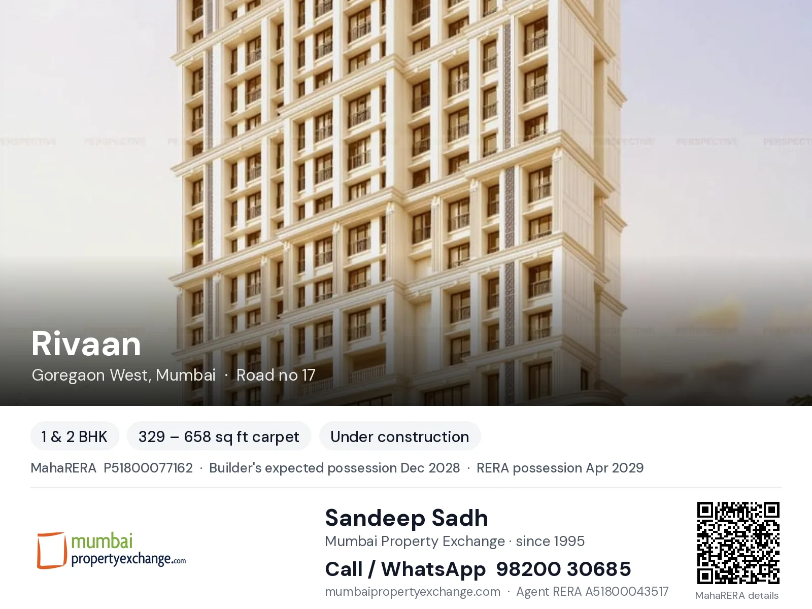 Rivaan by Meghna, Goregaon West, Mumbai — 1 & 2 BHK new project, builder's expected possession Dec 2028, RERA possession Apr 2029 | Mumbai Property Exchange, Sandeep Sadh 98200 30685