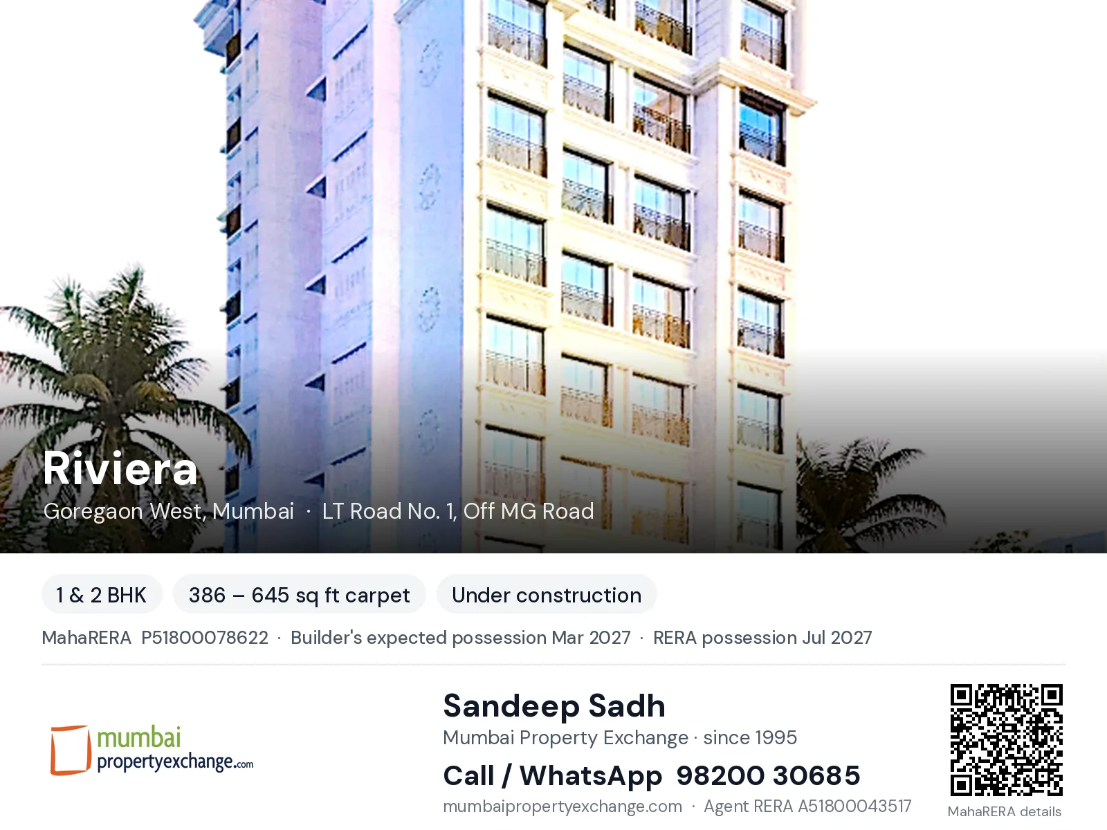 Riviera by Meghna, Goregaon West, Mumbai — 1 & 2 BHK new project, builder's expected possession Mar 2027, RERA possession Jul 2027 | Mumbai Property Exchange, Sandeep Sadh 98200 30685