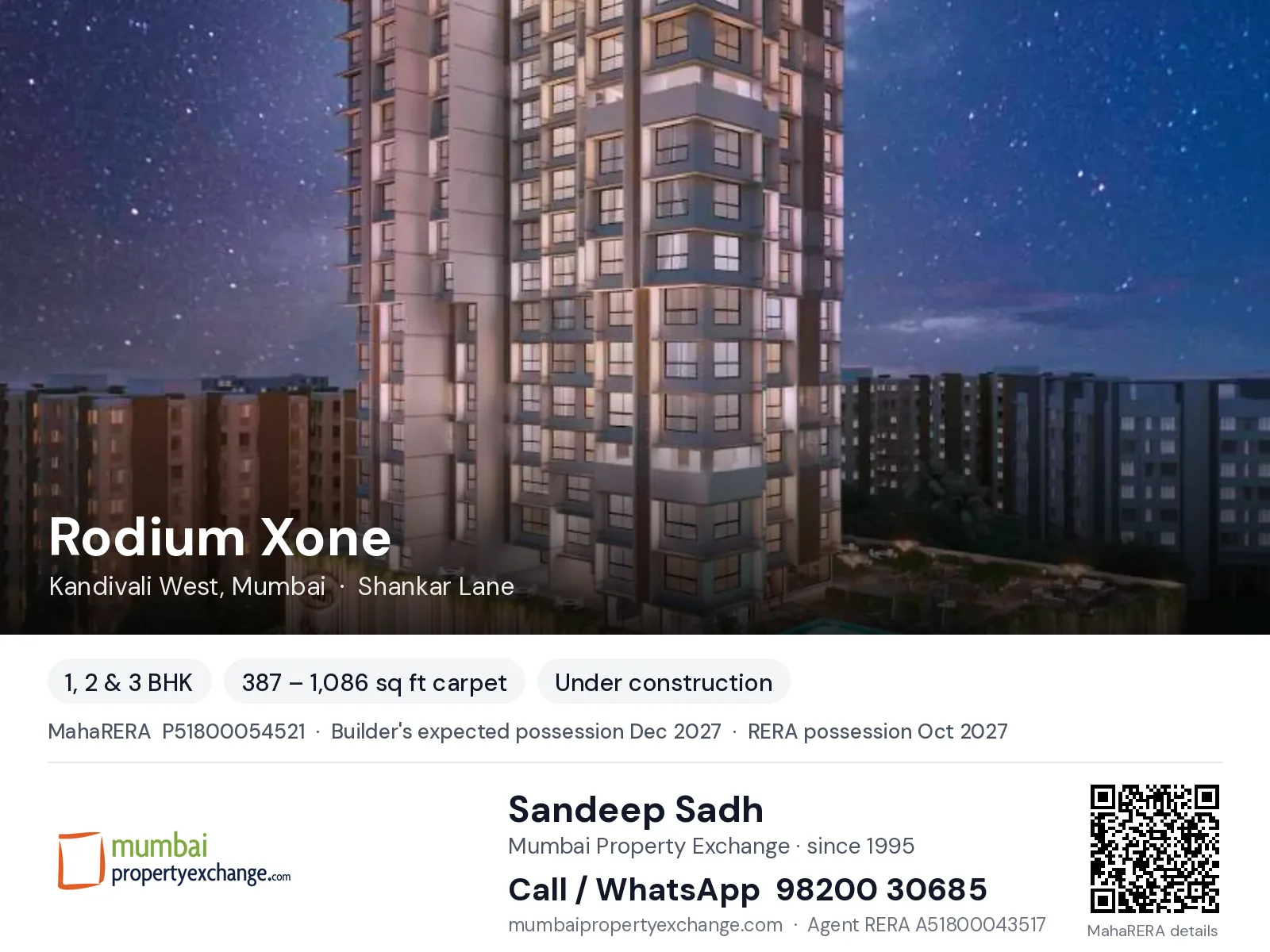 Rodium Xone, Kandivali West, Mumbai — 1, 2 & 3 BHK new project, builder's expected possession Dec 2027, RERA possession Oct 2027 | Mumbai Property Exchange, Sandeep Sadh 98200 30685