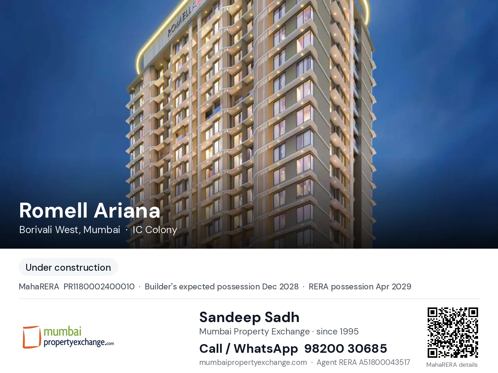 Romell Ariana, Borivali West, Mumbai — new project, builder's expected possession Dec 2028, RERA possession Apr 2029 | Mumbai Property Exchange, Sandeep Sadh 98200 30685