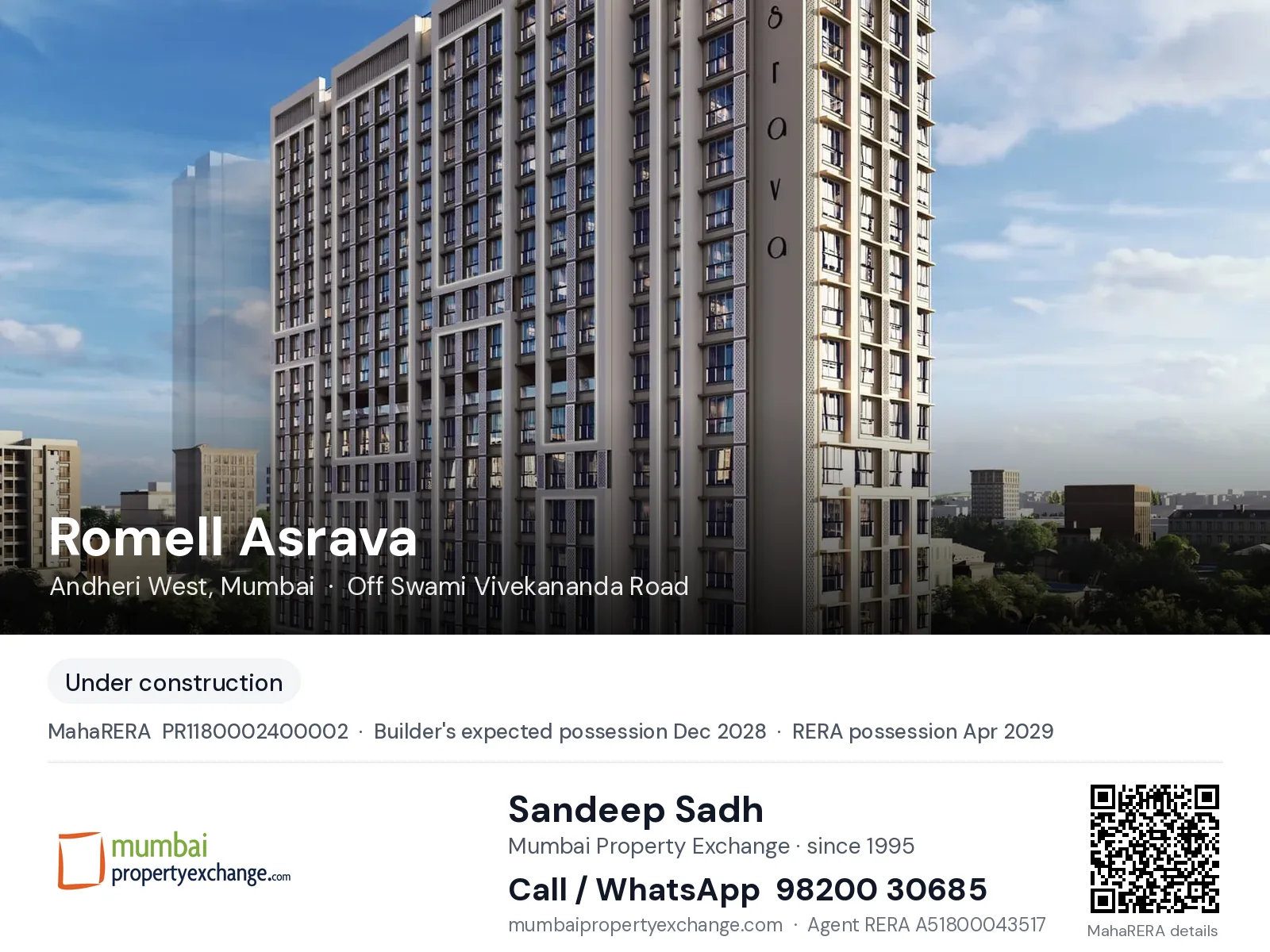 Romell Asrava, Andheri West, Mumbai — new project, builder's expected possession Dec 2028, RERA possession Apr 2029 | Mumbai Property Exchange, Sandeep Sadh 98200 30685