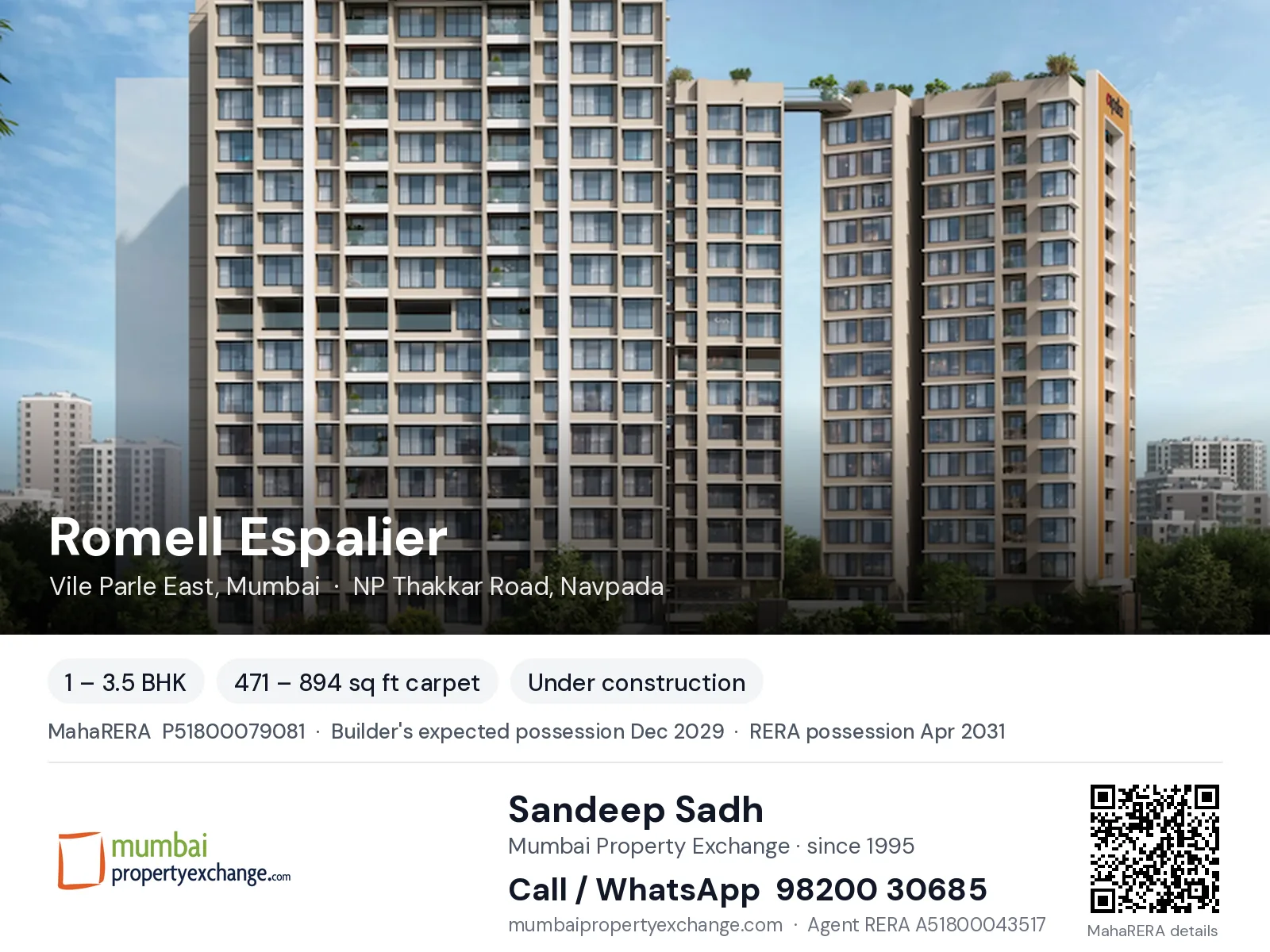 Romell Espalier, Vile Parle East, Mumbai — 1 – 3.5 BHK new project, builder's expected possession Dec 2029, RERA possession Apr 2031 | Mumbai Property Exchange, Sandeep Sadh 98200 30685