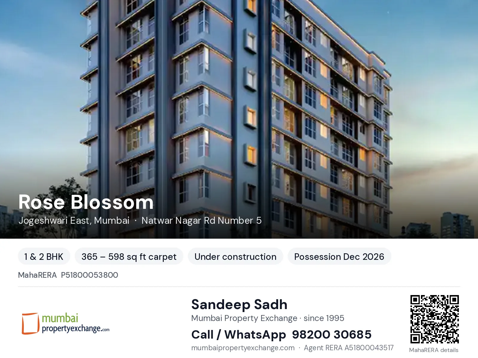 Rose Blossom by Vini, Jogeshwari East, Mumbai — 1 & 2 BHK new project, possession Dec 2026 | Mumbai Property Exchange, Sandeep Sadh 98200 30685