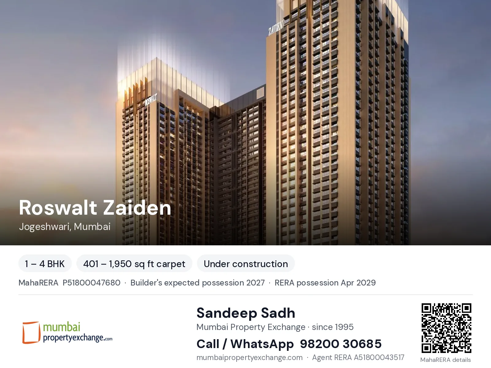 Roswalt Zaiden, Jogeshwari, Mumbai — 1 – 4 BHK new project, builder's expected possession 2027, RERA possession Apr 2029 | Mumbai Property Exchange, Sandeep Sadh 98200 30685