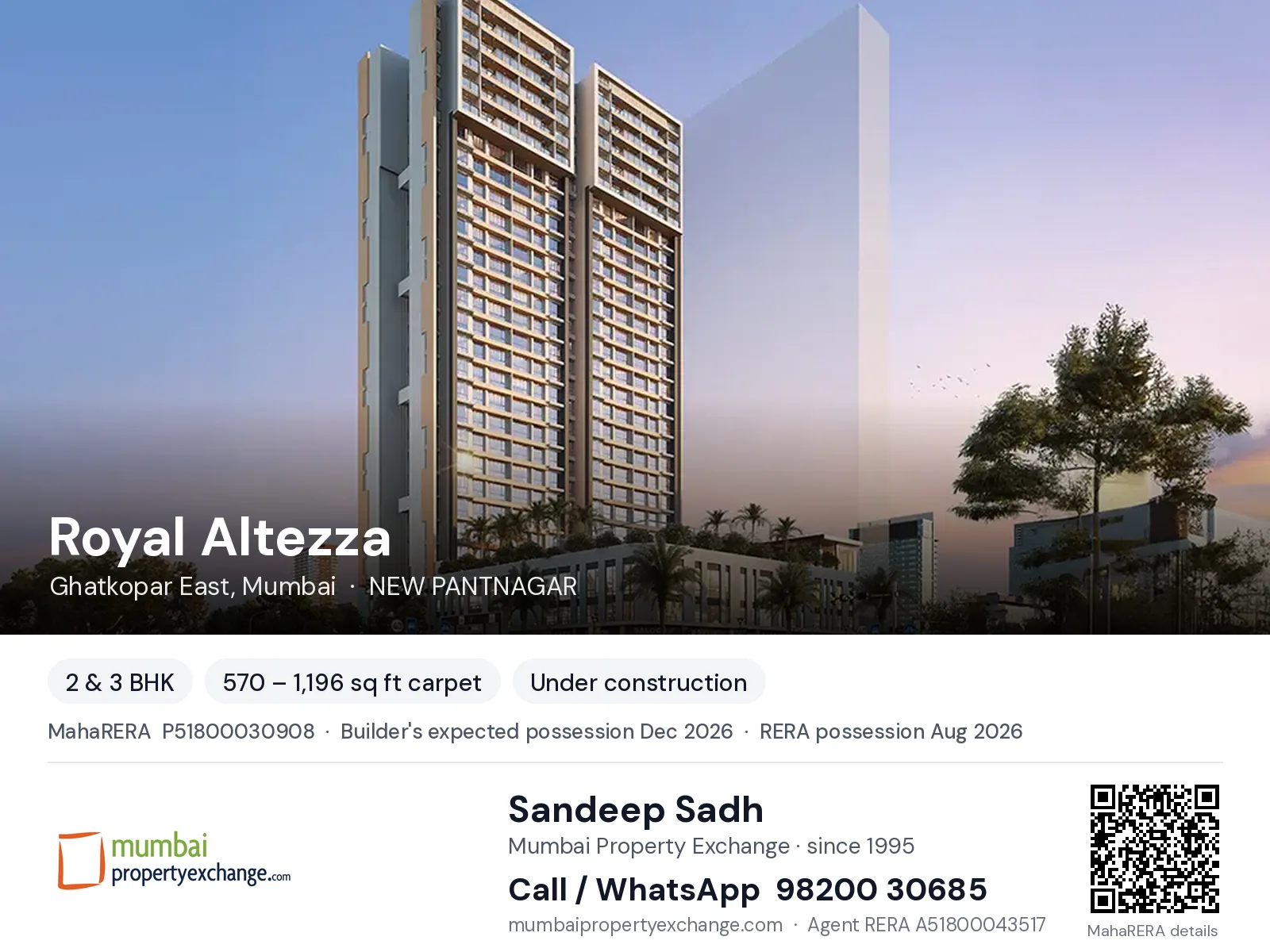 Royal Altezza by Shri Ganesh, Ghatkopar East, Mumbai — 2 & 3 BHK new project, builder's expected possession Dec 2026, RERA possession Aug 2026 | Mumbai Property Exchange, Sandeep Sadh 98200 30685