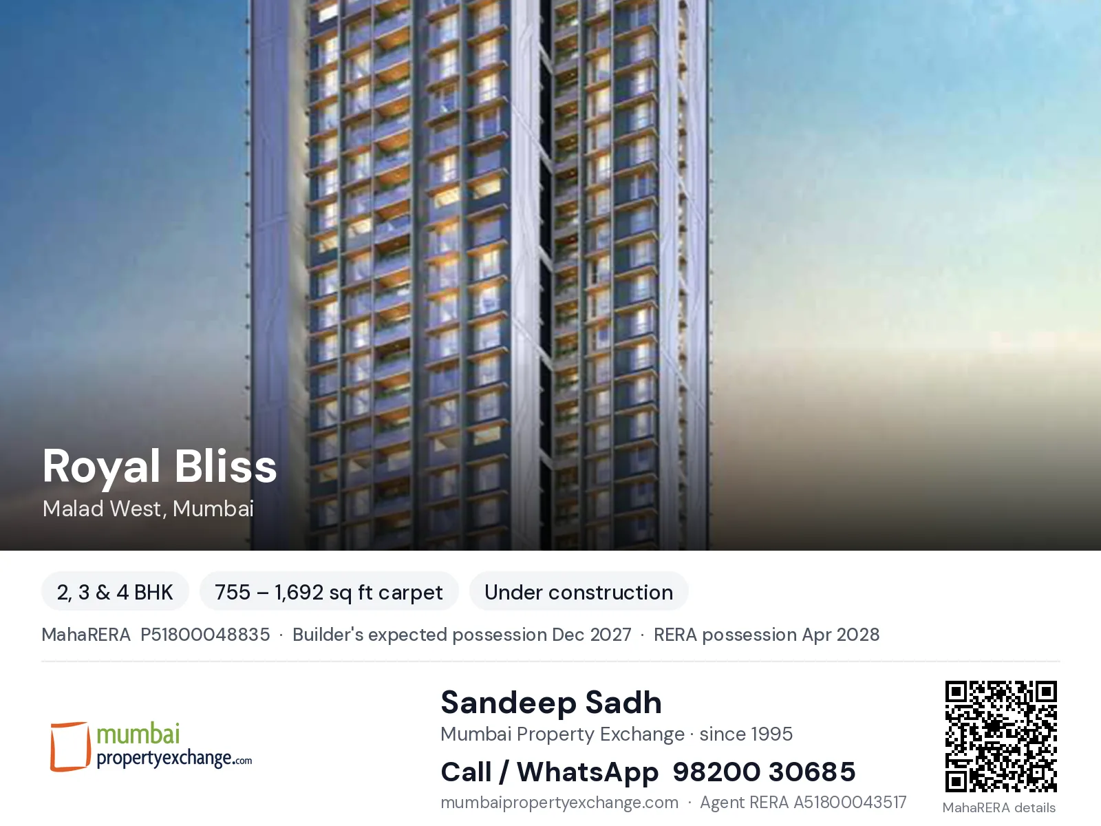 Royal Bliss, Malad West, Mumbai — 2, 3 & 4 BHK new project, builder's expected possession Dec 2027, RERA possession Apr 2028 | Mumbai Property Exchange, Sandeep Sadh 98200 30685
