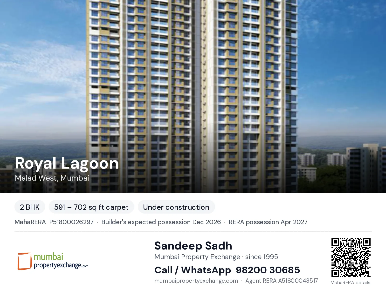 Royal Lagoon, Malad West, Mumbai — 2 BHK new project, builder's expected possession Dec 2026, RERA possession Apr 2027 | Mumbai Property Exchange, Sandeep Sadh 98200 30685