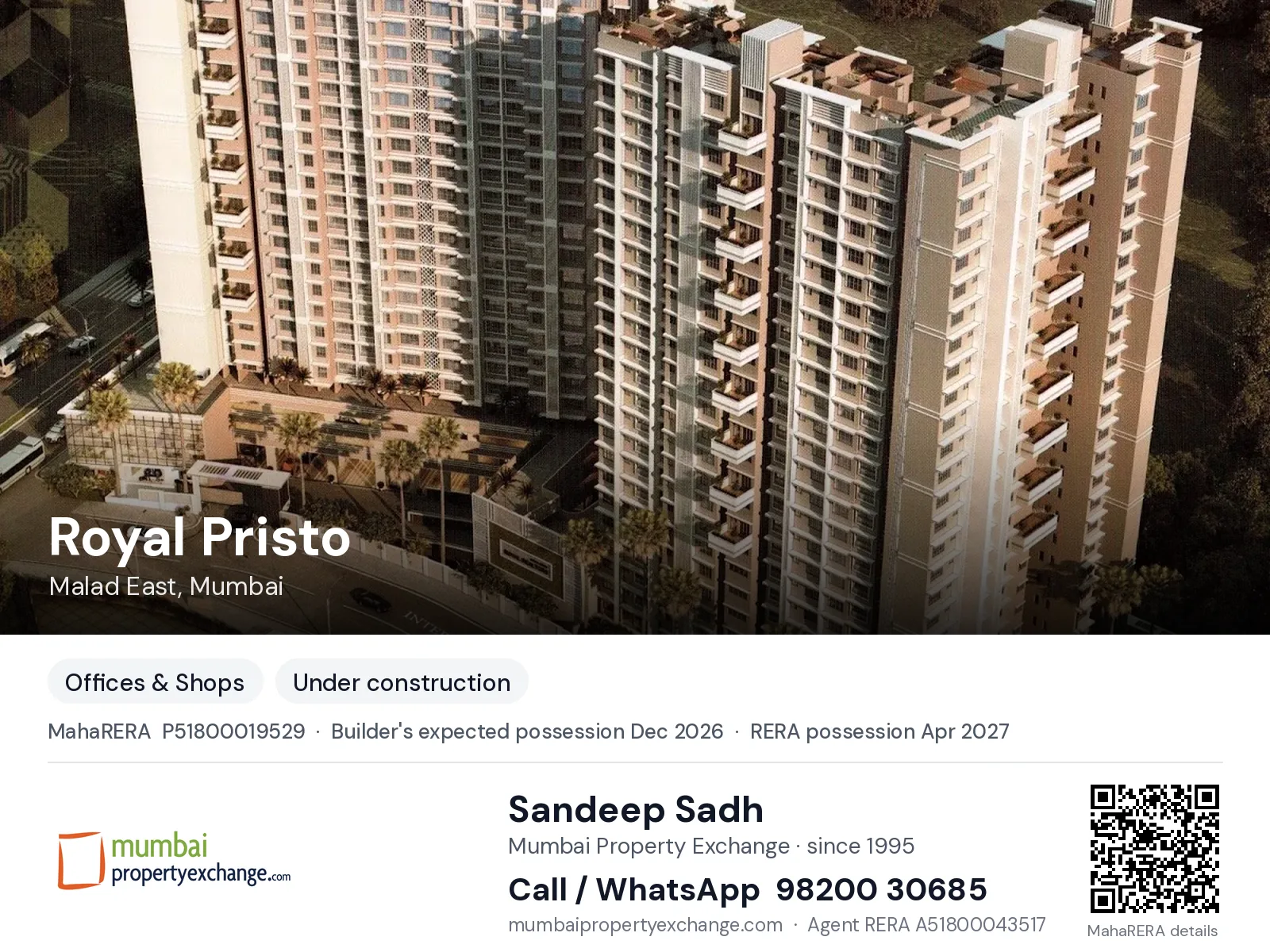Royal Pristo, Malad East, Mumbai — new project, builder's expected possession Dec 2026, RERA possession Apr 2027 | Mumbai Property Exchange, Sandeep Sadh 98200 30685